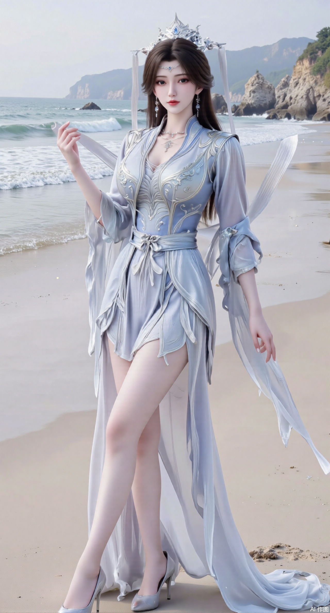 (masterpiece:1.2),best quality,3D animation,CG,absurdres,masterpiece,original,extremely detailed wallpaper,perfect lighting,(extremely detailed CG:1.2),1girl,solo,standing,(huge breasts:2.69),(full breasts:2.59),,looking at viewer,(cowboy_shot:1.1),long hair,high heels,blurry background,depth of field,motion blur,long dress,china_dress,chinese_style,bare shouders,crystal_earrings,headpiece,hair_tie,chest_jewel,gem,necklace,jewelry,in summer,day,outdoors,nature,sea,(rose,beach:1.49),(huge breasts:2.99),(full breasts:2.99),(very long legs,Diamond-studded high heels:1.5),XlimuwanJCB,XcaiyunK,Xxueliu