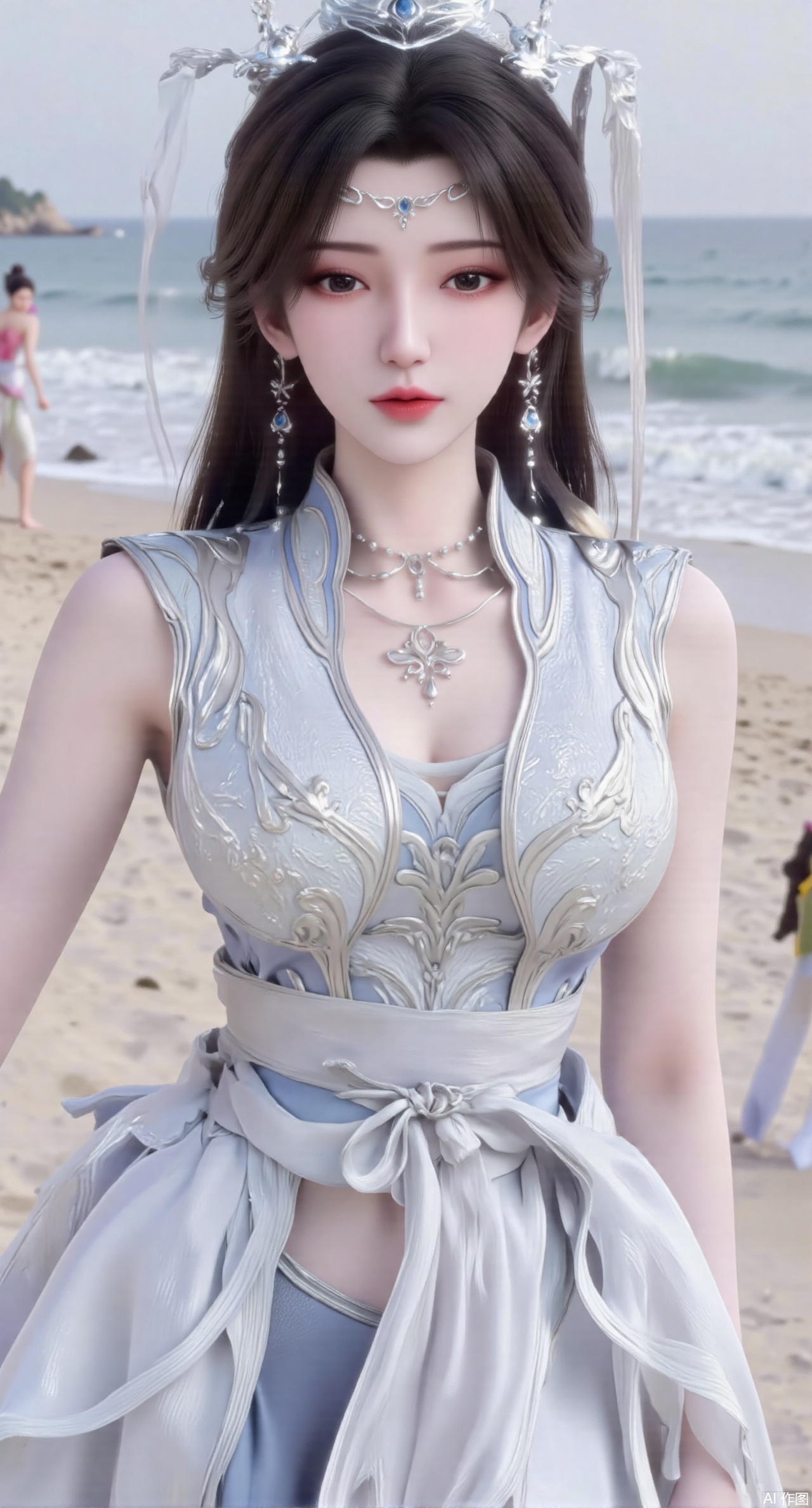 (masterpiece:1.2),best quality,3D animation,CG,absurdres,masterpiece,original,extremely detailed wallpaper,perfect lighting,(extremely detailed CG:1.2),1girl,solo,standing,(huge breasts:2.69),(full breasts:2.59),,looking at viewer,(cowboy_shot:1.1),long hair,high heels,blurry background,depth of field,motion blur,long dress,china_dress,chinese_style,bare shouders,crystal_earrings,headpiece,hair_tie,chest_jewel,gem,necklace,jewelry,in summer,day,outdoors,nature,sea,(rose,beach:1.49),(huge breasts:2.99),(full breasts:2.99),(very long legs,Diamond-studded high heels:1.5),XlimuwanJCB,XcaiyunK,Xxueliu