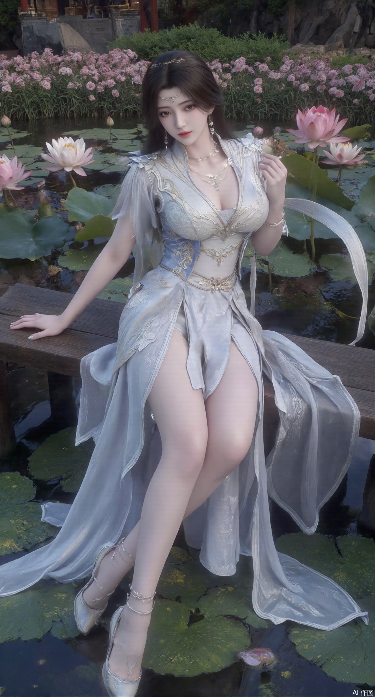 (masterpiece:1.2),best quality,The image is a digital illustration of a young woman sitting on a wooden bench in a pond with lily pads. She is wearing a long dress with design on the chest and sleeves. The dress has a high neckline and short sleeves,Holding a lotus in hand. She has long dark hair styled in loose waves and is wearing gold high heels. The woman is posing with one hand on her hip and the other resting on the edge of the bench. The background is filled with pink and white lotus flowers and green leaves. The overall mood of the image is peaceful and serene,(huge breasts:2.99),(full breasts:2.99),(Background with traditional Chinese architecture,Pond, water lilies:1.39),,(huge breasts:2.99),(full breasts:2.99),,,(pink rose flowers:1.59),,XlimuwanXJCB,XcaiyunxianziK,XzilingK,Xsiyudan,XyouqianxueK