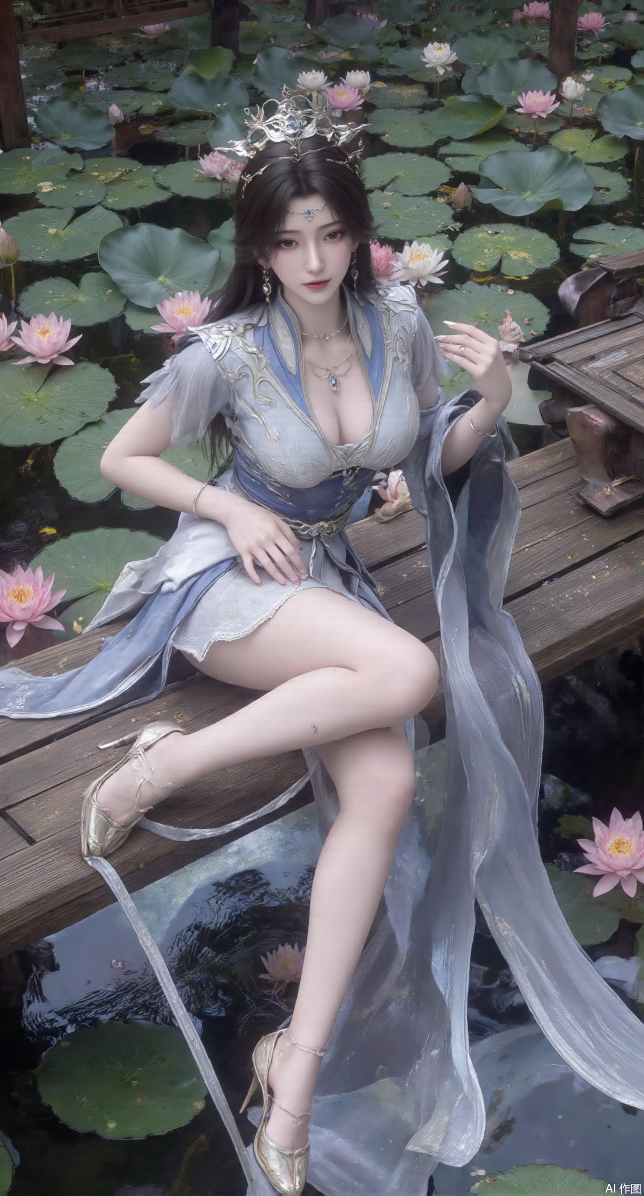 (masterpiece:1.2),best quality,The image is a digital illustration of a young woman sitting on a wooden bench in a pond with lily pads. She is wearing a long dress with design on the chest and sleeves. The dress has a high neckline and short sleeves,Holding a lotus in hand. She has long dark hair styled in loose waves and is wearing gold high heels. The woman is posing with one hand on her hip and the other resting on the edge of the bench. The background is filled with pink and white lotus flowers and green leaves. The overall mood of the image is peaceful and serene,(huge breasts:2.99),(full breasts:2.99),(Background with traditional Chinese architecture,Pond, water lilies:1.39),,(huge breasts:2.99),(full breasts:2.99),,,(pink rose flowers:1.59),,XlimuwanXJCB,XcaiyunxianziK,XzilingK,Xsiyudan,XyouqianxueK