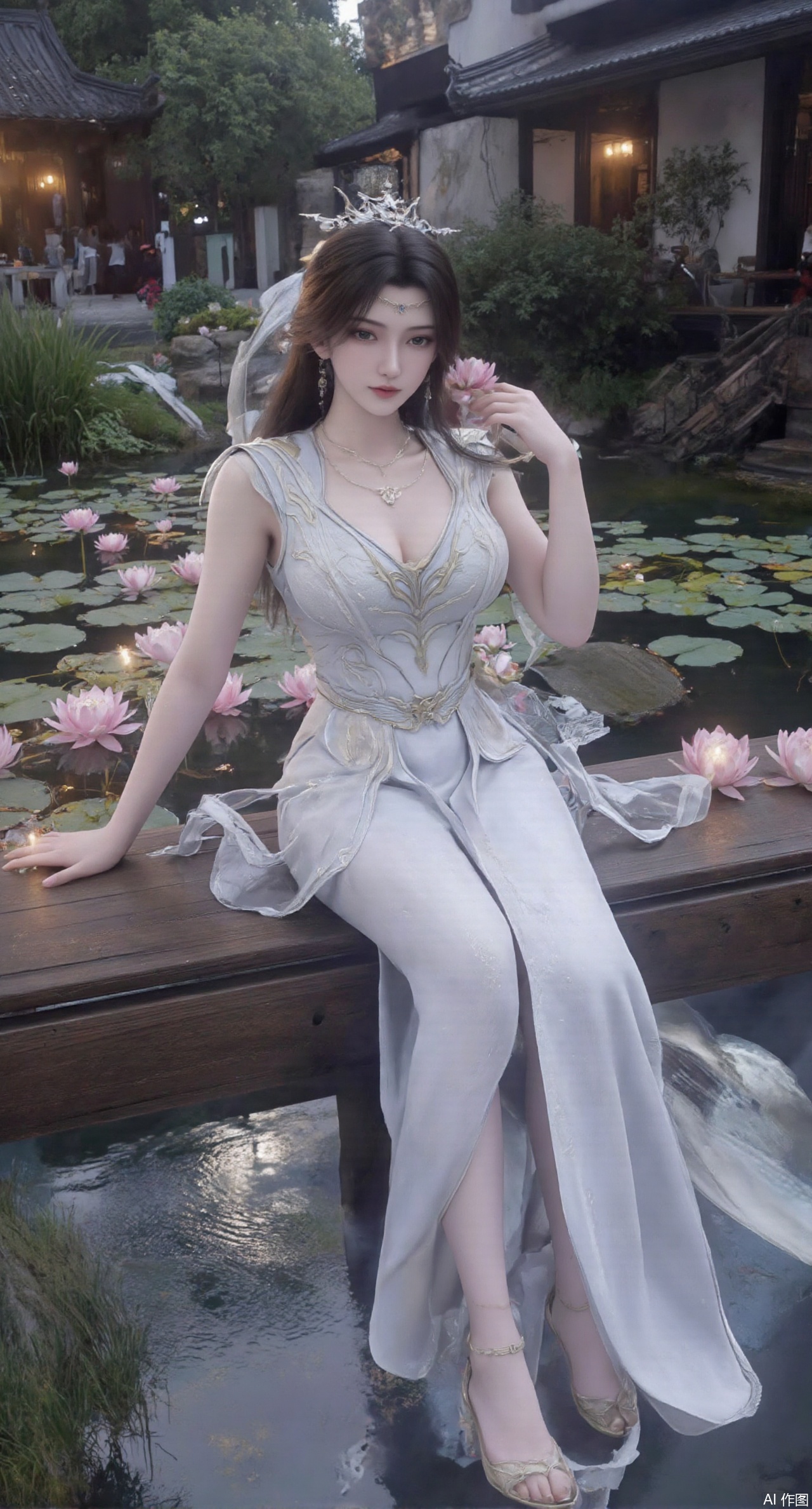 (masterpiece:1.2),best quality,The image is a digital illustration of a young woman sitting on a wooden bench in a pond with lily pads. She is wearing a long dress with design on the chest and sleeves. The dress has a high neckline and short sleeves,Holding a lotus in hand. She has long dark hair styled in loose waves and is wearing gold high heels. The woman is posing with one hand on her hip and the other resting on the edge of the bench. The background is filled with pink and white lotus flowers and green leaves. The overall mood of the image is peaceful and serene,(huge breasts:2.99),(full breasts:2.99),(Background with traditional Chinese architecture,Pond, water lilies:1.39),,(huge breasts:2.99),(full breasts:2.99),,,(pink rose flowers:1.59),,XlimuwanXJCB,XcaiyunxianziK,XzilingK,Xsiyudan,XyouqianxueK