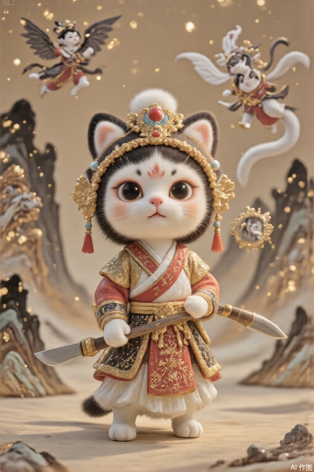 Chinese-style puppet, knife-and-horse-style, anthropomorphic cat, cat-person, dressed in male knife-and-horse attire, posing, a background of Dunhuang murals featuring flying apsaras in the style of Dunhuang.;,wawa,cat,mr,jbss