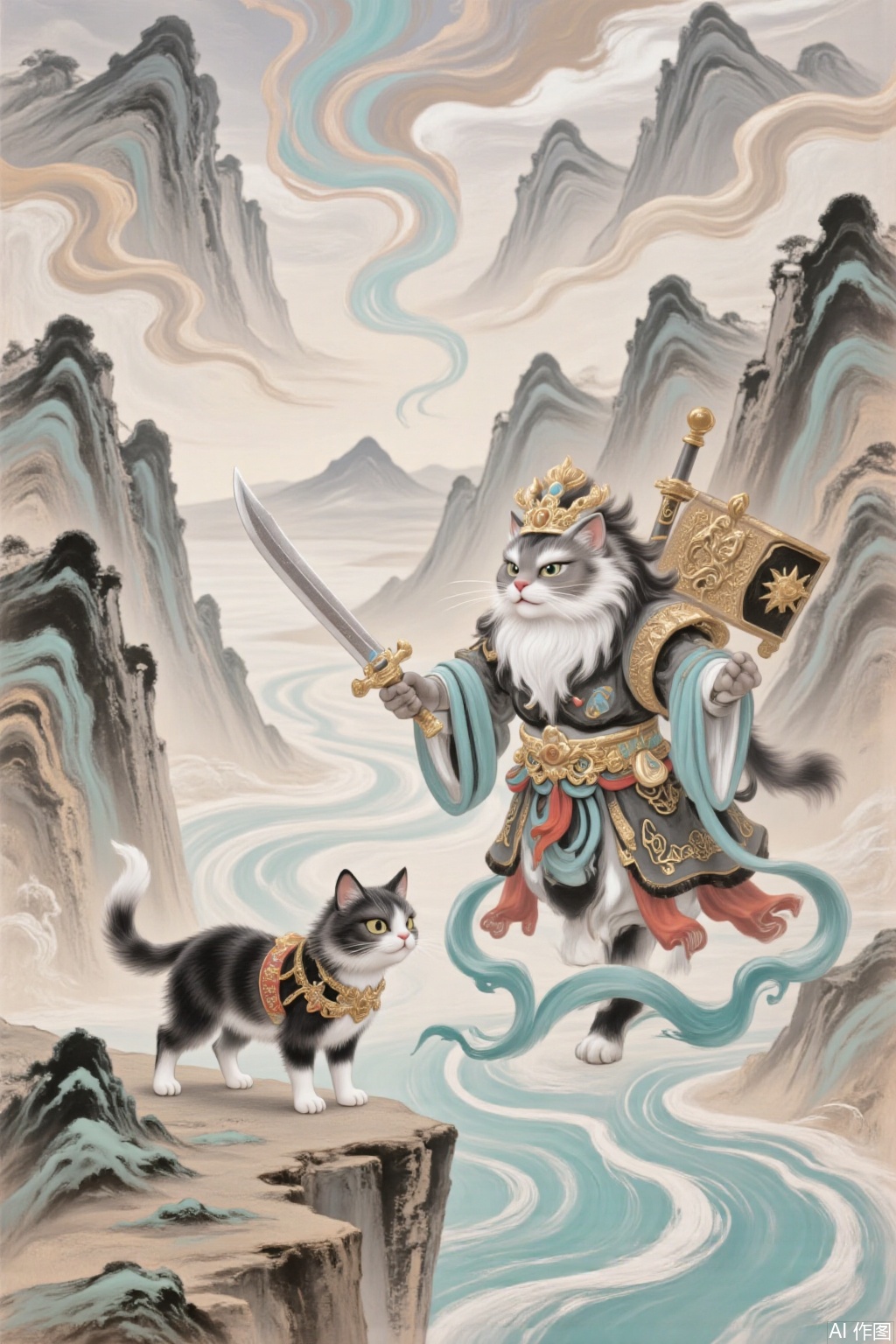 Dunhuang mural style crossing the river ink painting style, a cat man dressed in a Taoist priest with a sword on his back, now on the edge of a cliff, looking at the sky,