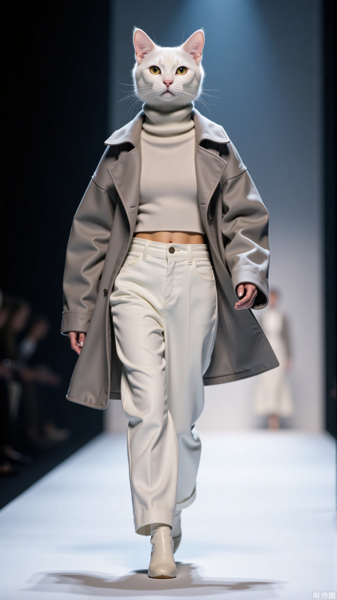 A female cat, a white cat, walks the catwalk on the catwalk in fashionable clothes, with a graceful figure.