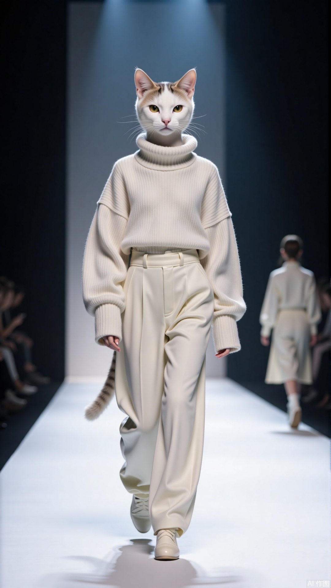 A female cat, a white cat, walks the catwalk on the catwalk in fashionable clothes, with a graceful figure.