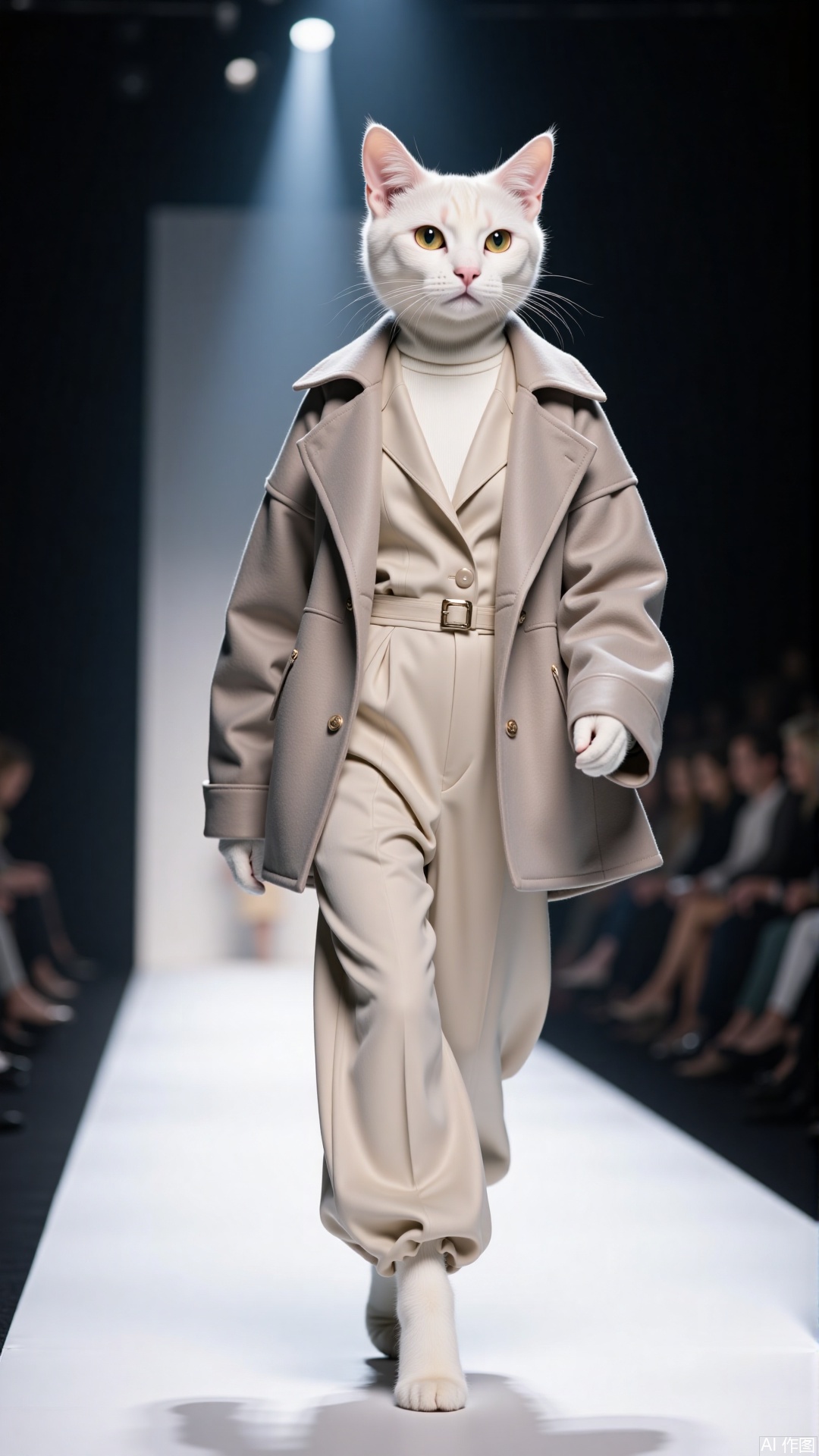 A female cat, a white cat, walks the catwalk on the catwalk in fashionable clothes, with a graceful figure.