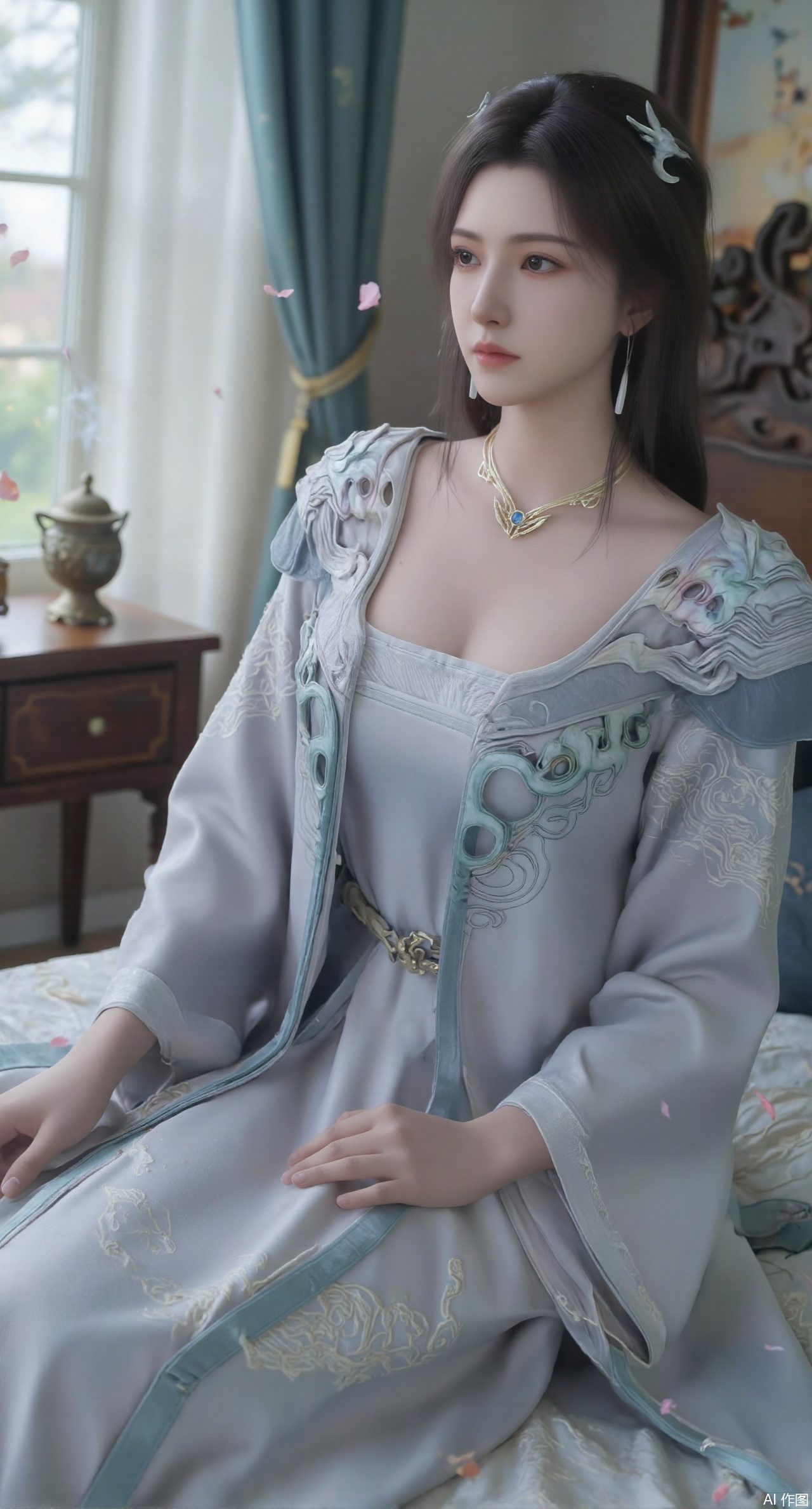 (masterpiece, best quality:1.2),Ancient Chinese boudoir scene, Hanfu dress ,sitting sideways on an intricately carved wooden bed, soft natural light filtering through sheer silk curtains, satin bedding with delicate sheen, detailed traditional Chinese Gongbi painting style, subtle celadon color palette, background featuring vintage dressing table and embroidered screen, falling plum blossom petals near window and wispy smoke from bronze incense burner, 8K resolution with intricate fabric draping and wood grain textures,,(huge breasts:2.99),(full breasts:2.99),XyunyunXY,Xmeining,Xjiangziyue,Xweinina,Xyunxiao,Xxiaoqingxue,Xlenhuan