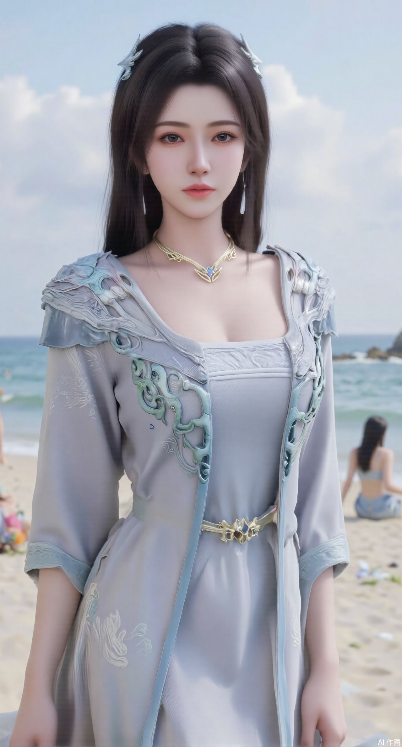 (masterpiece:1.2),best quality,3D animation,CG,absurdres,masterpiece,original,extremely detailed wallpaper,perfect lighting,(extremely detailed CG:1.2),1girl,solo,standing,(huge breasts:2.69),(full breasts:2.59),,looking at viewer,(cowboy_shot:1.1),long hair,high heels,blurry background,depth of field,motion blur,long dress,china_dress,chinese_style,bare shouders,crystal_earrings,headpiece,hair_tie,chest_jewel,gem,necklace,jewelry,in summer,day,outdoors,nature,sea,(rose,beach:1.49),(huge breasts:2.99),(full breasts:2.99),(very long legs,Diamond-studded high heels:1.5),XlimuwanJCB,XcaiyunK,Xxueliu