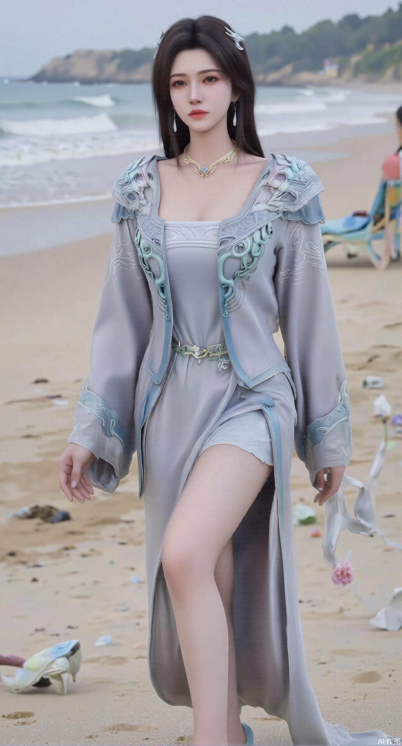 (masterpiece:1.2),best quality,3D animation,CG,absurdres,masterpiece,original,extremely detailed wallpaper,perfect lighting,(extremely detailed CG:1.2),1girl,solo,standing,(huge breasts:2.69),(full breasts:2.59),,looking at viewer,(cowboy_shot:1.1),long hair,high heels,blurry background,depth of field,motion blur,long dress,china_dress,chinese_style,bare shouders,crystal_earrings,headpiece,hair_tie,chest_jewel,gem,necklace,jewelry,in summer,day,outdoors,nature,sea,(rose,beach:1.49),(huge breasts:2.99),(full breasts:2.99),(very long legs,Diamond-studded high heels:1.5),XlimuwanJCB,XcaiyunK,Xxueliu