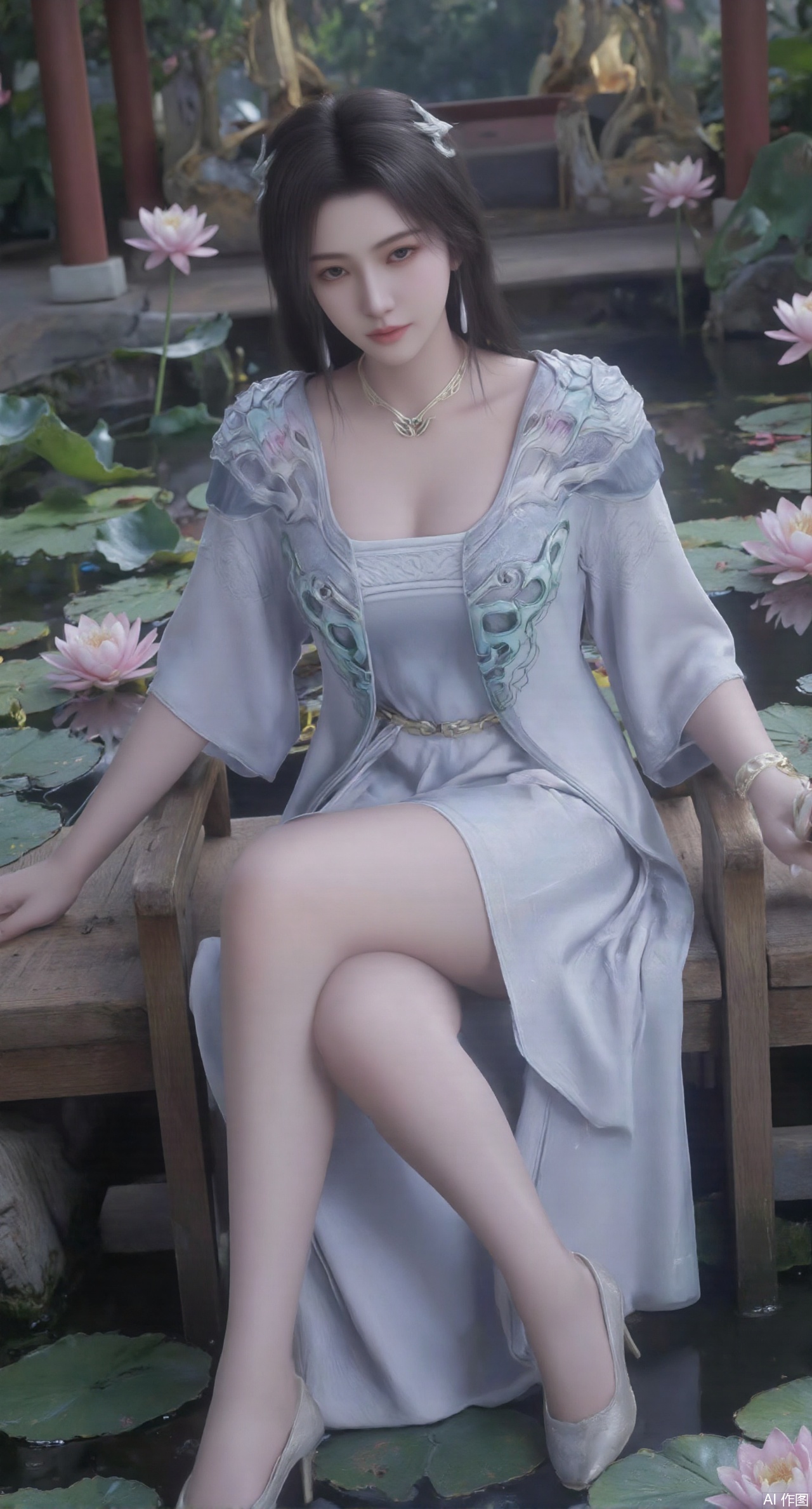 (masterpiece:1.2),best quality,The image is a digital illustration of a young woman sitting on a wooden bench in a pond with lily pads. She is wearing a long dress with design on the chest and sleeves. The dress has a high neckline and short sleeves,Holding a lotus in hand. She has long dark hair styled in loose waves and is wearing gold high heels. The woman is posing with one hand on her hip and the other resting on the edge of the bench. The background is filled with pink and white lotus flowers and green leaves. The overall mood of the image is peaceful and serene,(huge breasts:2.99),(full breasts:2.99),(Background with traditional Chinese architecture,Pond, water lilies:1.39),,(huge breasts:2.99),(full breasts:2.99),,,(pink rose flowers:1.59),,XlimuwanXJCB,XcaiyunxianziK,XzilingK,Xsiyudan,XyouqianxueK