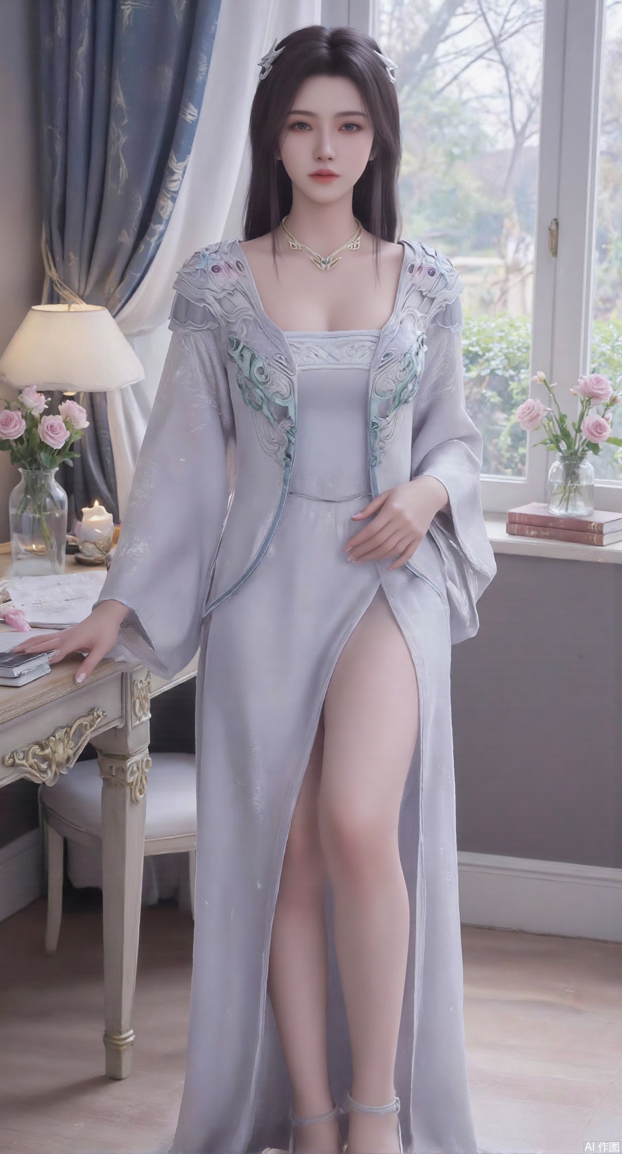 (masterpiece:1.2),best quality,Ultra clear, wallpaper, 8k, masterpiece, 1girl, solo, long hair, breasts, looking at viewer, bangs, large breasts,long dress,, bare shoulders, jewelry, black hair, standing, purple eyes, full body, flower, thighs, indoors, hair bun, long dress, high heels, cup, see-through, book, bare legs, window, table, white footwear, standing on one leg, curtains, pink flower, side slit, vase, ,(huge breasts:2.99),(full breasts:2.99),,,(pink rose flowers:1.59),,XlimuwanXJCB,XcaiyunxianziK,XzilingK,Xsiyudan,XyouqianxueK