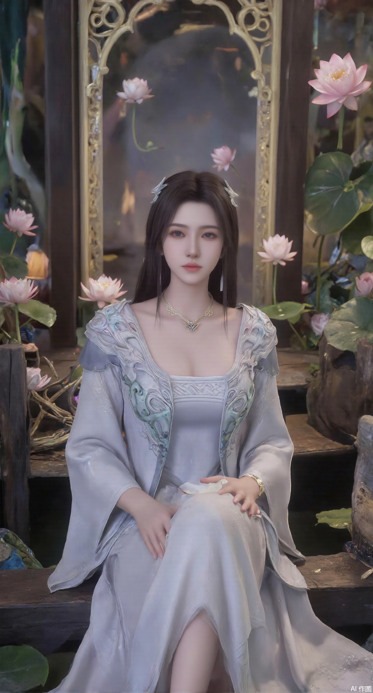 (masterpiece:1.2),best quality,The image is a digital illustration of a young woman sitting on a wooden bench in a pond with lily pads. She is wearing a long dress with design on the chest and sleeves. The dress has a high neckline and short sleeves,Holding a lotus in hand. She has long dark hair styled in loose waves and is wearing gold high heels. The woman is posing with one hand on her hip and the other resting on the edge of the bench. The background is filled with pink and white lotus flowers and green leaves. The overall mood of the image is peaceful and serene,(huge breasts:2.99),(full breasts:2.99),(Background with traditional Chinese architecture,Pond, water lilies:1.39),,(huge breasts:2.99),(full breasts:2.99),,,(pink rose flowers:1.59),,XlimuwanXJCB,XcaiyunxianziK,XzilingK,Xsiyudan,XyouqianxueK