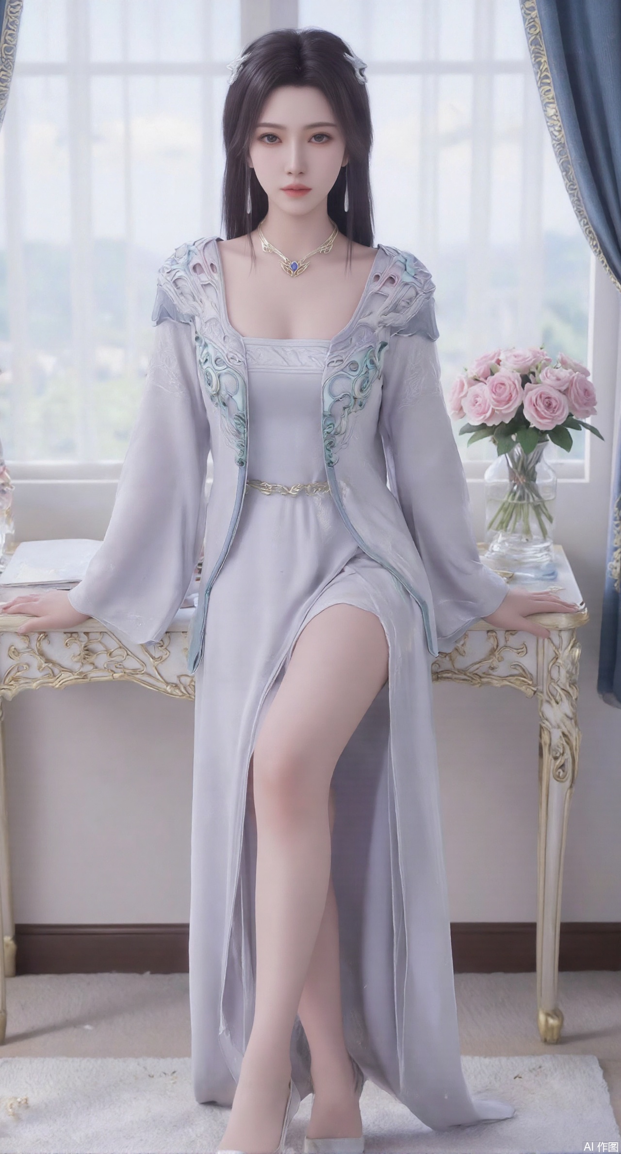 (masterpiece:1.2),best quality,Ultra clear, wallpaper, 8k, masterpiece, 1girl, solo, long hair, breasts, looking at viewer, bangs, large breasts,long dress,, bare shoulders, jewelry, black hair, standing, purple eyes, full body, flower, thighs, indoors, hair bun, long dress, high heels, cup, see-through, book, bare legs, window, table, white footwear, standing on one leg, curtains, pink flower, side slit, vase, ,(huge breasts:2.99),(full breasts:2.99),,,(pink rose flowers:1.59),,XlimuwanXJCB,XcaiyunxianziK,XzilingK,Xsiyudan,XyouqianxueK