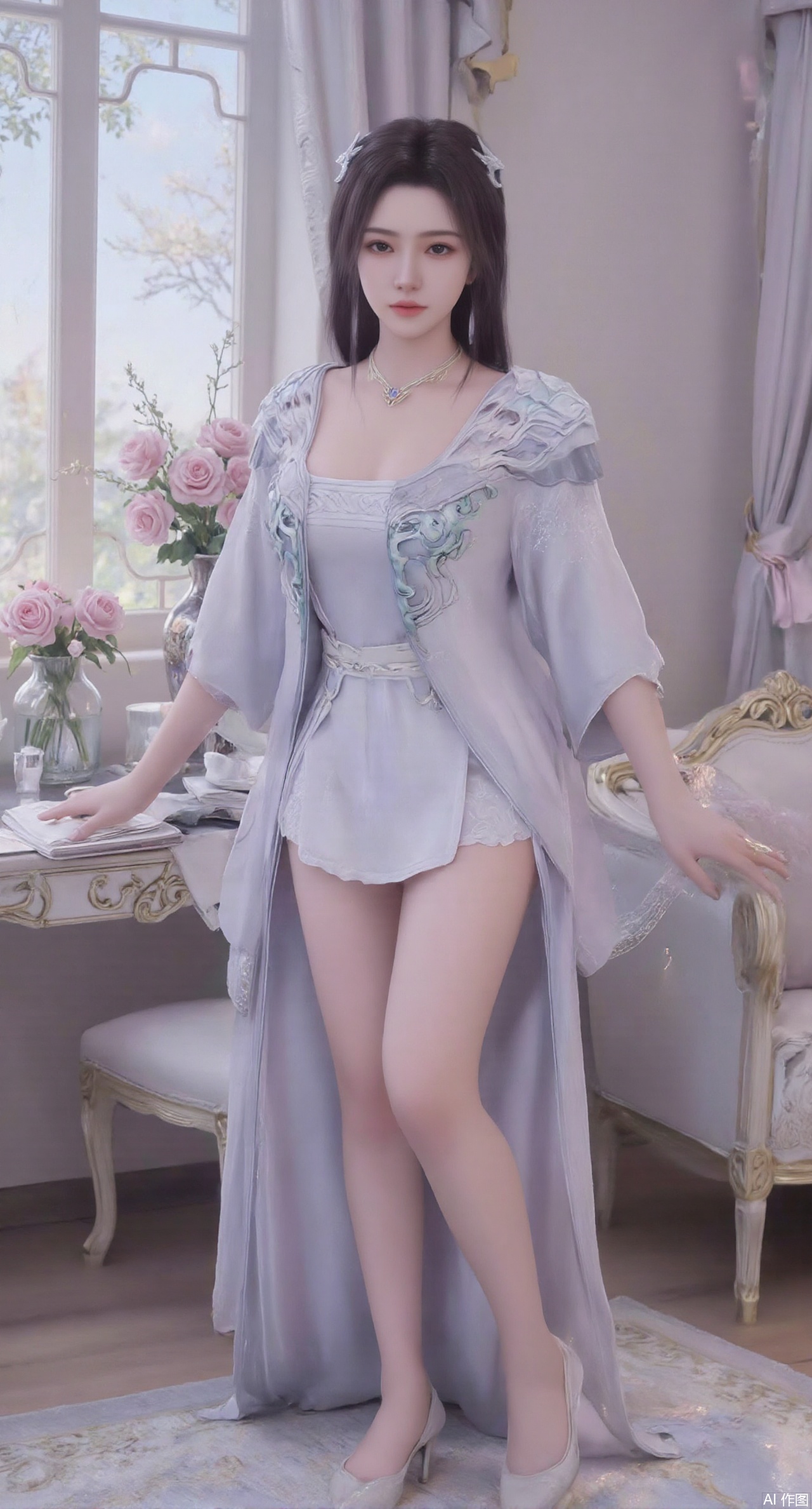 (masterpiece:1.2),best quality,Ultra clear, wallpaper, 8k, masterpiece, 1girl, solo, long hair, breasts, looking at viewer, bangs, large breasts,long dress,, bare shoulders, jewelry, black hair, standing, purple eyes, full body, flower, thighs, indoors, hair bun, long dress, high heels, cup, see-through, book, bare legs, window, table, white footwear, standing on one leg, curtains, pink flower, side slit, vase, ,(huge breasts:2.99),(full breasts:2.99),,,(pink rose flowers:1.59),,XlimuwanXJCB,XcaiyunxianziK,XzilingK,Xsiyudan,XyouqianxueK