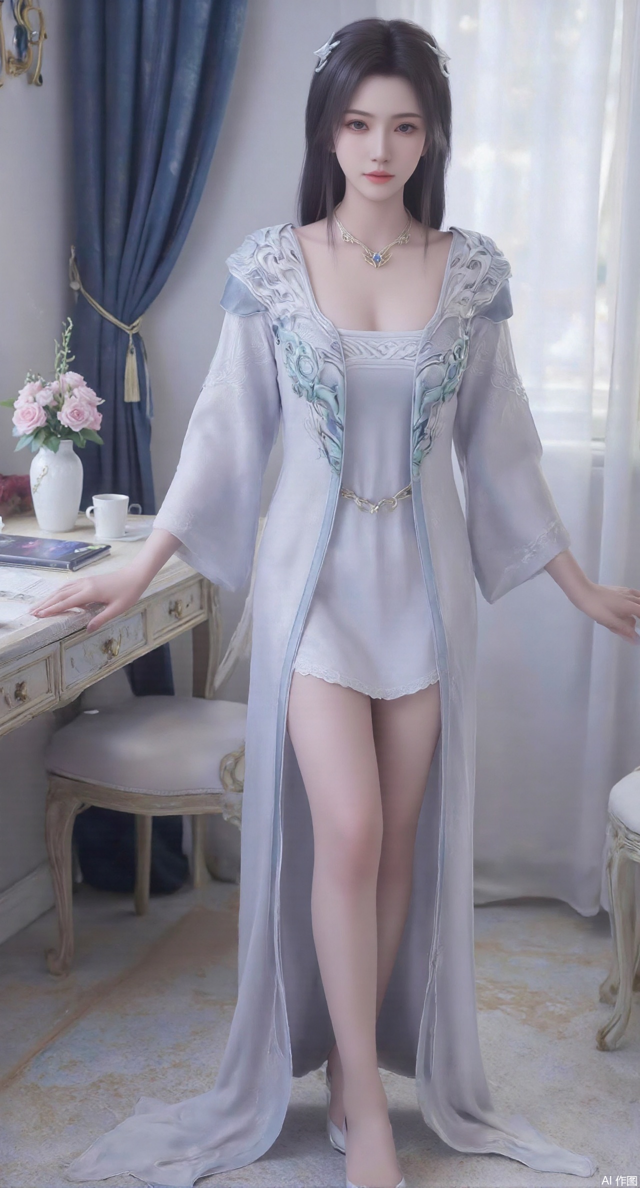 (masterpiece:1.2),best quality,Ultra clear, wallpaper, 8k, masterpiece, 1girl, solo, long hair, breasts, looking at viewer, bangs, large breasts,long dress,, bare shoulders, jewelry, black hair, standing, purple eyes, full body, flower, thighs, indoors, hair bun, long dress, high heels, cup, see-through, book, bare legs, window, table, white footwear, standing on one leg, curtains, pink flower, side slit, vase, ,(huge breasts:2.99),(full breasts:2.99),,,(pink rose flowers:1.59),,XlimuwanXJCB,XcaiyunxianziK,XzilingK,Xsiyudan,XyouqianxueK