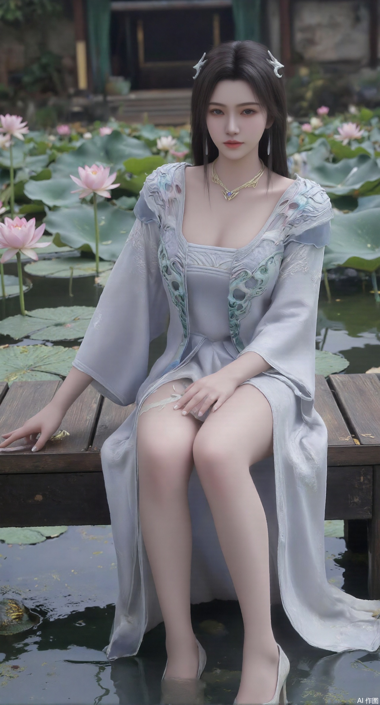 (masterpiece:1.2),best quality,The image is a digital illustration of a young woman sitting on a wooden bench in a pond with lily pads. She is wearing a long dress with design on the chest and sleeves. The dress has a high neckline and short sleeves,Holding a lotus in hand. She has long dark hair styled in loose waves and is wearing gold high heels. The woman is posing with one hand on her hip and the other resting on the edge of the bench. The background is filled with pink and white lotus flowers and green leaves. The overall mood of the image is peaceful and serene,(huge breasts:2.99),(full breasts:2.99),(Background with traditional Chinese architecture,Pond, water lilies:1.39),,(huge breasts:2.99),(full breasts:2.99),,,(pink rose flowers:1.59),,XlimuwanXJCB,XcaiyunxianziK,XzilingK,Xsiyudan,XyouqianxueK
