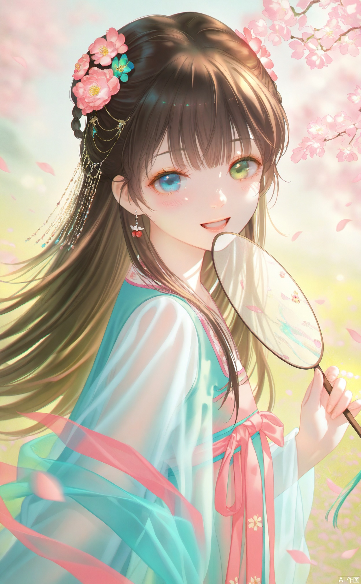 masterpiece,very aware,highres,absurdres,newest,best quality,loli,petite,high quality,chromatic_aberration,chromatic_aberration,cinematic_angle,dutch angle,
//,
hanfu,1girl, hanfu, chinese clothes, solo, hair ornament, green eyes, smile, heterochromia, hair flower, flower, dress, holding, long hair, see-through sleeves, brown hair, blue dress, blue eyes, from side, looking at viewer, hand fan, long sleeves, cherry blossoms, see-through, holding fan, earrings, blurry background, petals, teeth, jewelry, blush, outdoors
//,
//,
photorealistic,Artist:na-ga,(quasarcake:0.2),(wanke:0.9),[Artist:chen bin],Artist:tidsean,[Artist:sk (askzy)],(artist:tokkyu:0.5),(artist:momoko \(momopoco\):0.5),himitsu_(hi_mi_tsu_2),