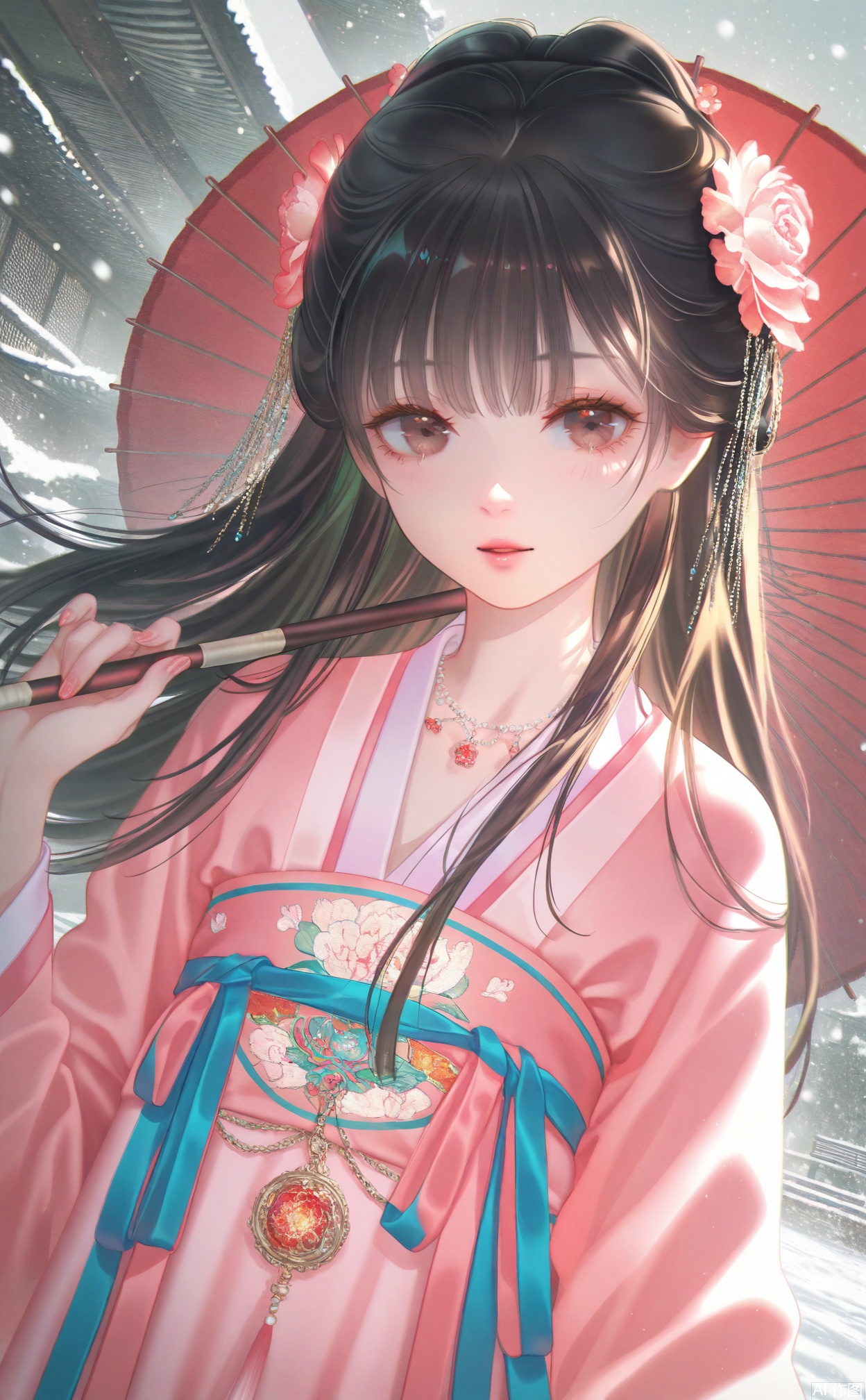 masterpiece,very aware,highres,absurdres,newest,best quality,loli,petite,high quality,chromatic_aberration,chromatic_aberration,cinematic_angle,dutch angle,black_background,
//,
1girl, solo, umbrella, black hair, snow, hanfu, oil-paper umbrella, flower, hair ornament, chinese clothes, snowing, jewelry, brown eyes, nail polish, necklace, holding, outdoors, parasol, hair flower, long hair
//,
photorealistic,Artist:na-ga,(quasarcake:0.2),(wanke:0.9),[Artist:chen bin],Artist:tidsean,[Artist:sk (askzy)],(artist:tokkyu:0.5),(artist:momoko \(momopoco\):0.5),himitsu_(hi_mi_tsu_2),
//,,,