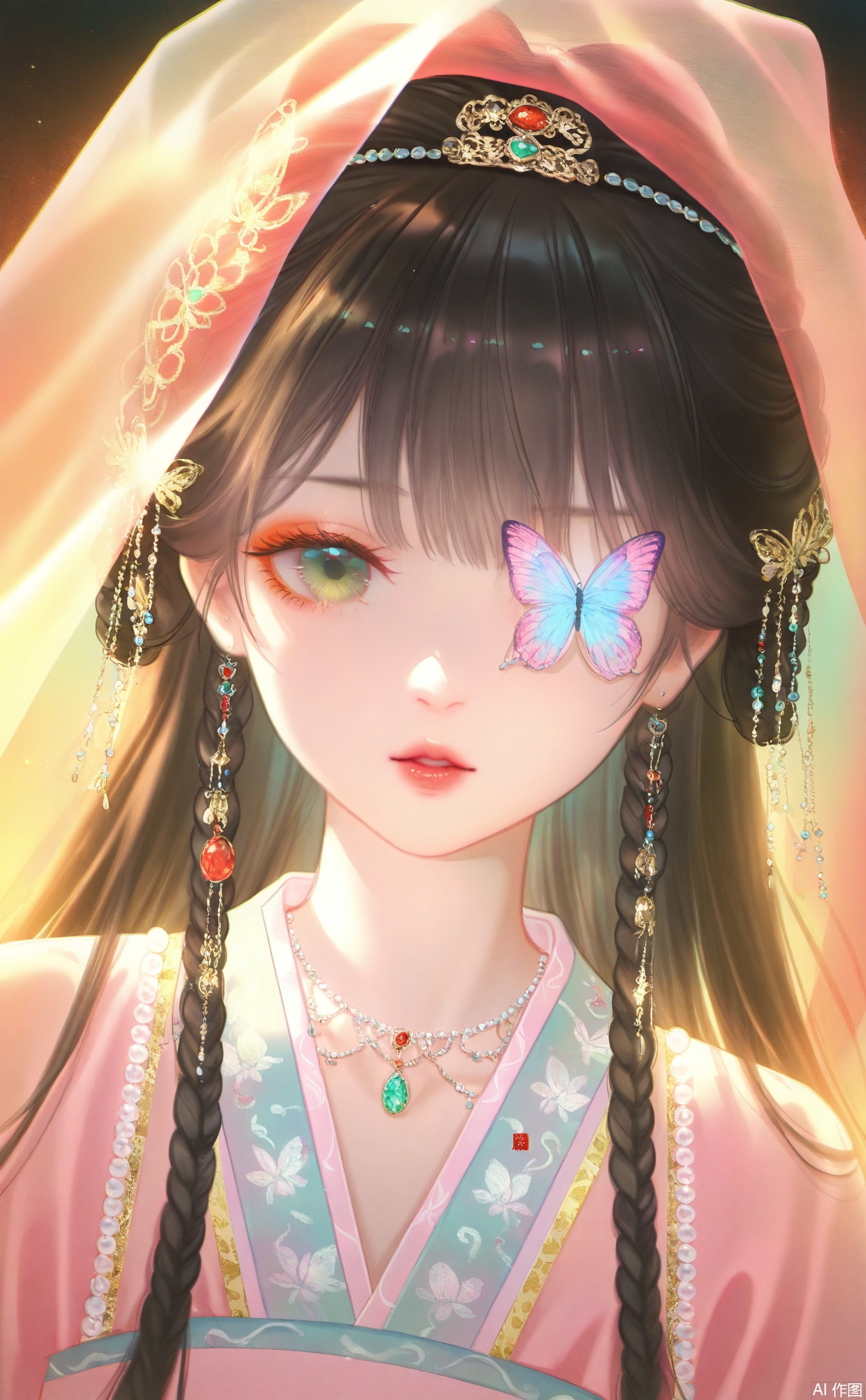 masterpiece,very aware,highres,absurdres,newest,best quality,loli,petite,high quality,chromatic_aberration,chromatic_aberration,cinematic_angle,dutch angle,
//,
hanfu,1girl, butterfly, bug, solo, looking at viewer, one eye covered, green eyes, jewelry, long hair, veil, black hair, necklace, upper body, parted lips, gem, straight-on, red lips, hair ornament, makeup, braid, lips
//,
//,
photorealistic,Artist:na-ga,(quasarcake:0.2),(wanke:0.9),[Artist:chen bin],Artist:tidsean,[Artist:sk (askzy)],(artist:tokkyu:0.5),(artist:momoko \(momopoco\):0.5),himitsu_(hi_mi_tsu_2),