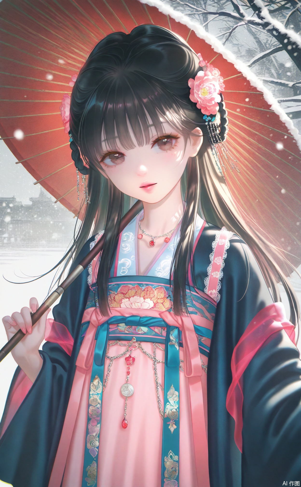 masterpiece,very aware,highres,absurdres,newest,best quality,loli,petite,high quality,chromatic_aberration,chromatic_aberration,cinematic_angle,dutch angle,black_background,
//,
1girl, solo, umbrella, black hair, snow, hanfu, oil-paper umbrella, flower, hair ornament, chinese clothes, snowing, jewelry, brown eyes, nail polish, necklace, holding, outdoors, parasol, hair flower, long hair
//,
photorealistic,Artist:na-ga,(quasarcake:0.2),(wanke:0.9),[Artist:chen bin],Artist:tidsean,[Artist:sk (askzy)],(artist:tokkyu:0.5),(artist:momoko \(momopoco\):0.5),himitsu_(hi_mi_tsu_2),
//,,,