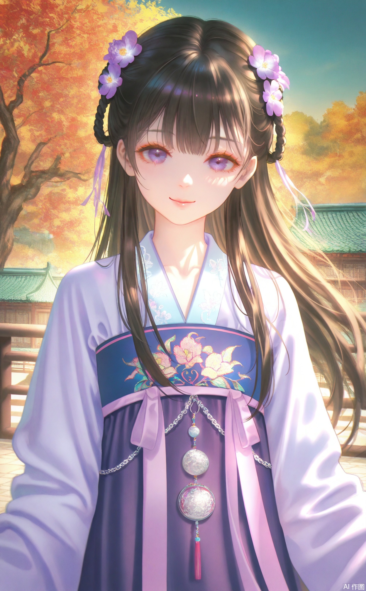 masterpiece,very aware,highres,absurdres,newest,best quality,loli,petite,high quality,chromatic_aberration,chromatic_aberration,cinematic_angle,dutch angle,black_background,
//,
1girl, hair flower, black hair, hair ornament, flower, solo, chinese clothes, hanfu, purple eyes, long hair, looking at viewer, architecture, east asian architecture, autumn leaves, outdoors, floral print, smile, closed mouth, leaf, long sleeves, upper body, railing, standing, purple flower, tree, blurry, autumn, building, purple dress
//,
photorealistic,Artist:na-ga,(quasarcake:0.2),(wanke:0.9),[Artist:chen bin],Artist:tidsean,[Artist:sk (askzy)],(artist:tokkyu:0.5),(artist:momoko \(momopoco\):0.5),himitsu_(hi_mi_tsu_2),
//,,,