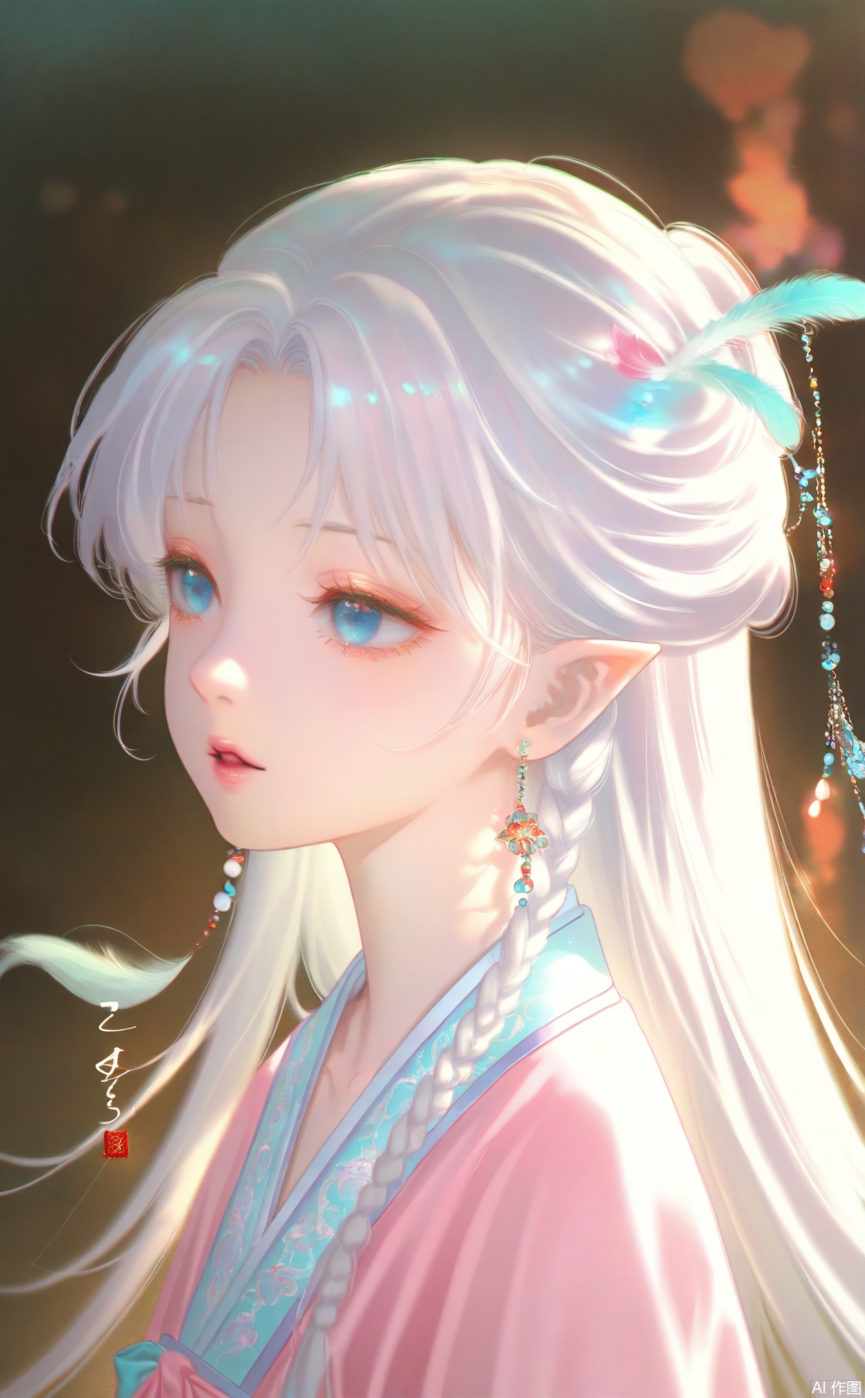 masterpiece,very aware,highres,absurdres,newest,best quality,loli,petite,high quality,chromatic_aberration,chromatic_aberration,cinematic_angle,dutch angle,
//,
hanfu,1girl, hair ornament, solo, blue eyes, jewelry, white hair, feathers, long hair, pointy ears, earrings, braid, parted lips, portrait, from side, upper body
//,
//,
photorealistic,Artist:na-ga,(quasarcake:0.2),(wanke:0.9),[Artist:chen bin],Artist:tidsean,[Artist:sk (askzy)],(artist:tokkyu:0.5),(artist:momoko \(momopoco\):0.5),himitsu_(hi_mi_tsu_2),