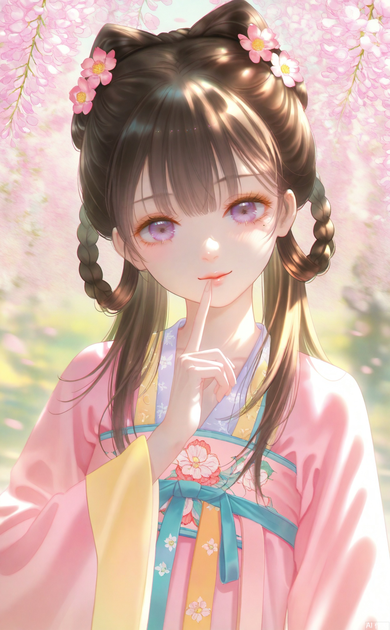 masterpiece,very aware,highres,absurdres,newest,best quality,loli,petite,high quality,chromatic_aberration,chromatic_aberration,cinematic_angle,dutch angle,black_background,
//,
1girl, flower, wisteria, hair ornament, solo, hanfu, chinese clothes, brown hair, hair flower, purple eyes, looking at viewer, dappled sunlight, sunlight, wide sleeves, smile, closed mouth, long sleeves, hair rings, blurry, upper body, day, mole under eye, blurry background, depth of field, mole, outdoors, finger to mouth, long hair, white flower, holding, pink flower
//,
photorealistic,Artist:na-ga,(quasarcake:0.2),(wanke:0.9),[Artist:chen bin],Artist:tidsean,[Artist:sk (askzy)],(artist:tokkyu:0.5),(artist:momoko \(momopoco\):0.5),himitsu_(hi_mi_tsu_2),
//,,,