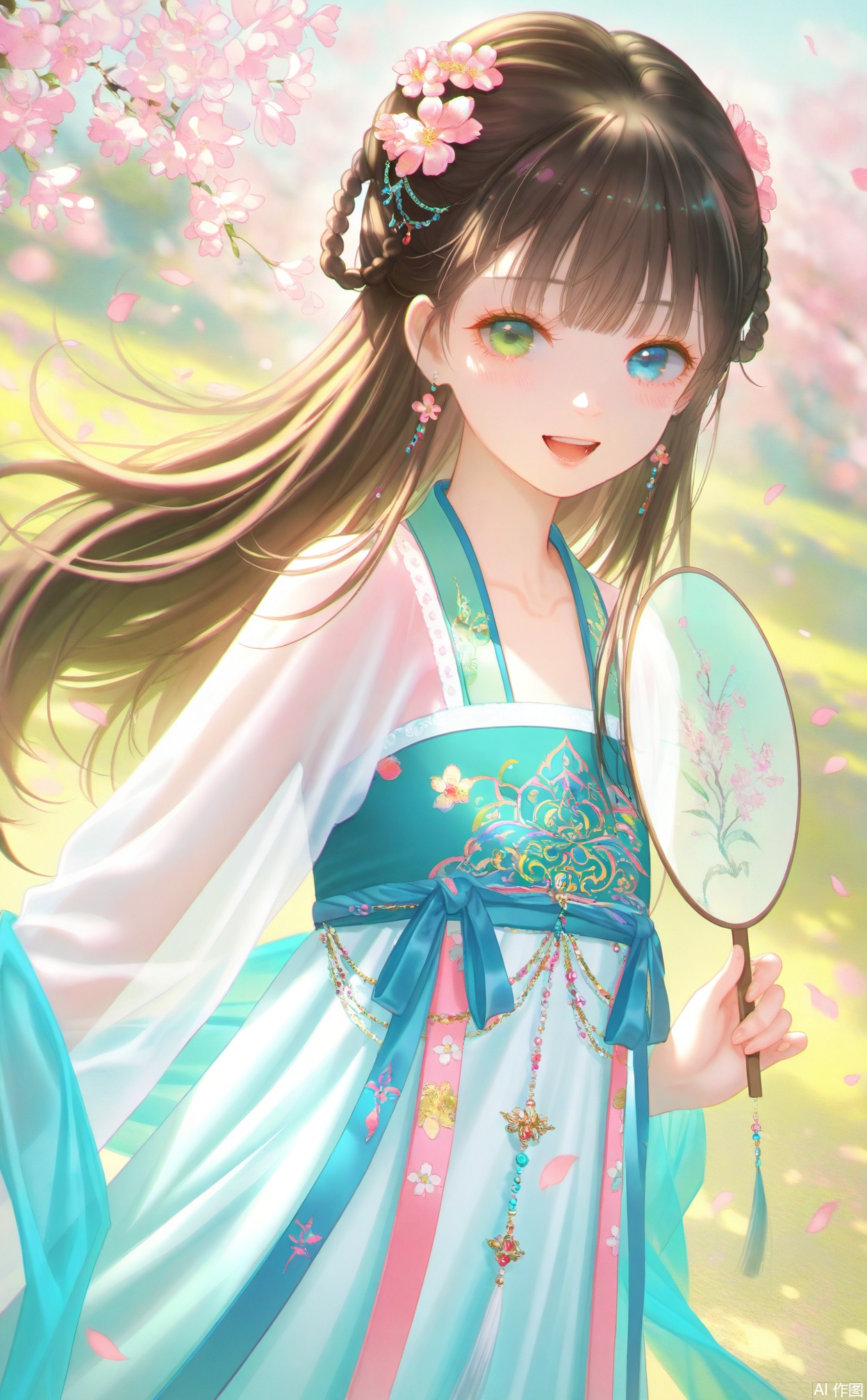 masterpiece,very aware,highres,absurdres,newest,best quality,loli,petite,high quality,chromatic_aberration,chromatic_aberration,cinematic_angle,dutch angle,
//,
hanfu,1girl, hanfu, chinese clothes, solo, hair ornament, green eyes, smile, heterochromia, hair flower, flower, dress, holding, long hair, see-through sleeves, brown hair, blue dress, blue eyes, from side, looking at viewer, hand fan, long sleeves, cherry blossoms, see-through, holding fan, earrings, blurry background, petals, teeth, jewelry, blush, outdoors
//,
//,
photorealistic,Artist:na-ga,(quasarcake:0.2),(wanke:0.9),[Artist:chen bin],Artist:tidsean,[Artist:sk (askzy)],(artist:tokkyu:0.5),(artist:momoko \(momopoco\):0.5),himitsu_(hi_mi_tsu_2),