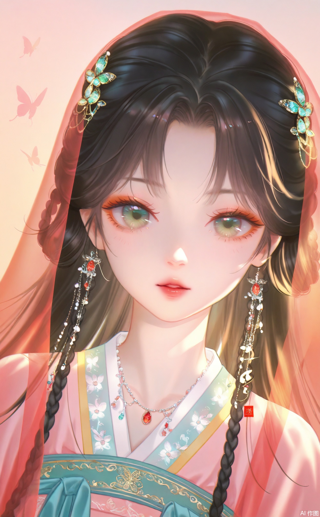 masterpiece,very aware,highres,absurdres,newest,best quality,loli,petite,high quality,chromatic_aberration,chromatic_aberration,cinematic_angle,dutch angle,
//,
hanfu,1girl, butterfly, bug, solo, looking at viewer, one eye covered, green eyes, jewelry, long hair, veil, black hair, necklace, upper body, parted lips, gem, straight-on, red lips, hair ornament, makeup, braid, lips
//,
//,
photorealistic,Artist:na-ga,(quasarcake:0.2),(wanke:0.9),[Artist:chen bin],Artist:tidsean,[Artist:sk (askzy)],(artist:tokkyu:0.5),(artist:momoko \(momopoco\):0.5),himitsu_(hi_mi_tsu_2),
