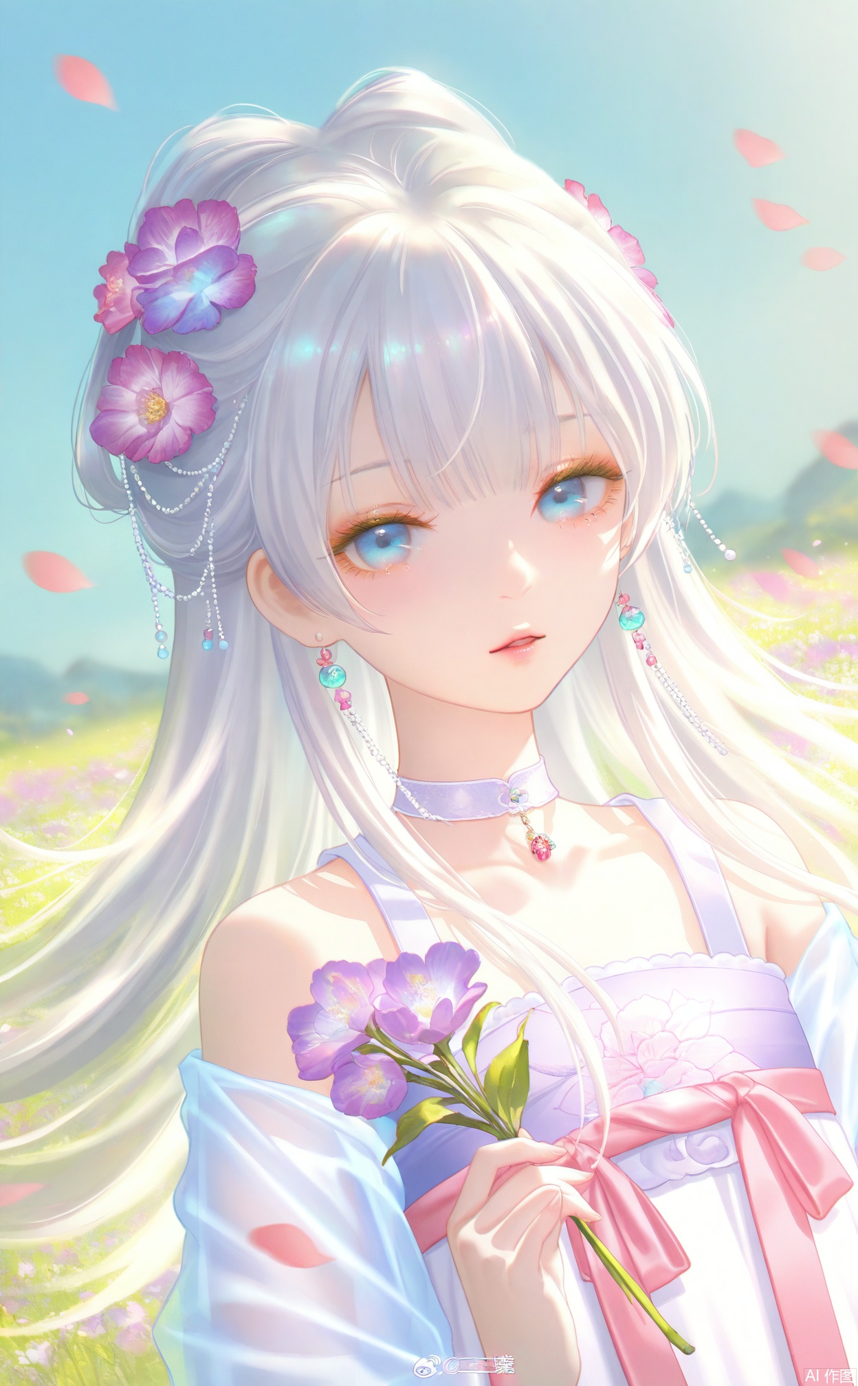 masterpiece,very aware,highres,absurdres,newest,best quality,loli,petite,high quality,chromatic_aberration,chromatic_aberration,cinematic_angle,dutch angle,
//,
hanfu,1girl, flower, solo, hair ornament, white hair, hair flower, long hair, bare shoulders, holding flower, jewelry, earrings, looking at viewer, holding, upper body, purple flower, sky, bangs, parted lips, blue eyes, dress, blue sky, outdoors, day, petals, white dress, blurry, choker, blurry background
//,
//,
photorealistic,Artist:na-ga,(quasarcake:0.2),(wanke:0.9),[Artist:chen bin],Artist:tidsean,[Artist:sk (askzy)],(artist:tokkyu:0.5),(artist:momoko \(momopoco\):0.5),himitsu_(hi_mi_tsu_2),