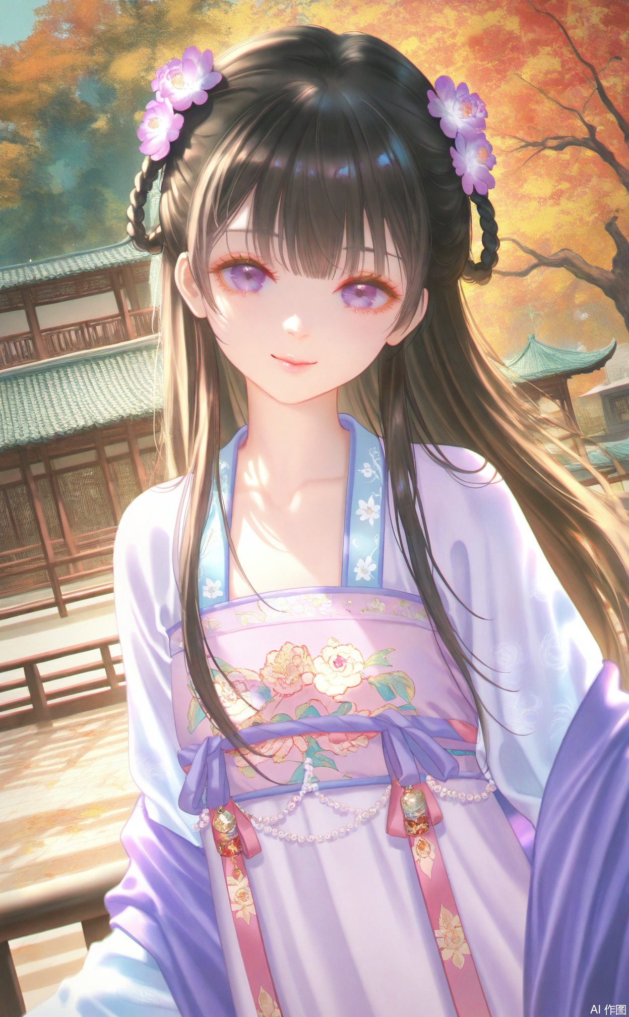 masterpiece,very aware,highres,absurdres,newest,best quality,loli,petite,high quality,chromatic_aberration,chromatic_aberration,cinematic_angle,dutch angle,black_background,
//,
1girl, hair flower, black hair, hair ornament, flower, solo, chinese clothes, hanfu, purple eyes, long hair, looking at viewer, architecture, east asian architecture, autumn leaves, outdoors, floral print, smile, closed mouth, leaf, long sleeves, upper body, railing, standing, purple flower, tree, blurry, autumn, building, purple dress
//,
photorealistic,Artist:na-ga,(quasarcake:0.2),(wanke:0.9),[Artist:chen bin],Artist:tidsean,[Artist:sk (askzy)],(artist:tokkyu:0.5),(artist:momoko \(momopoco\):0.5),himitsu_(hi_mi_tsu_2),
//,,,