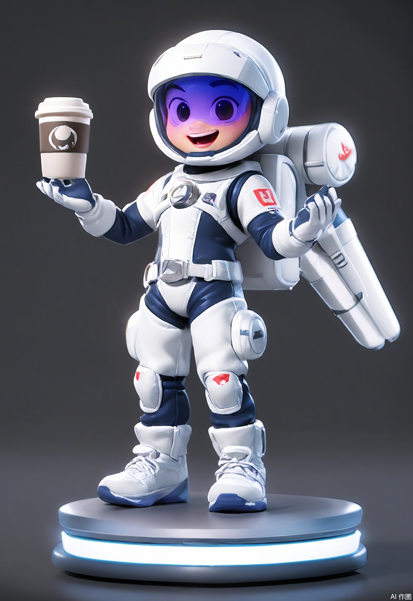 3DJS, 3D character design of a dreamy astronaut with a reflective visor, star-patterned gloves, and a jetpack. Floating with a zero-gravity coffee cup, smiling serenely, plain white backdrop.
