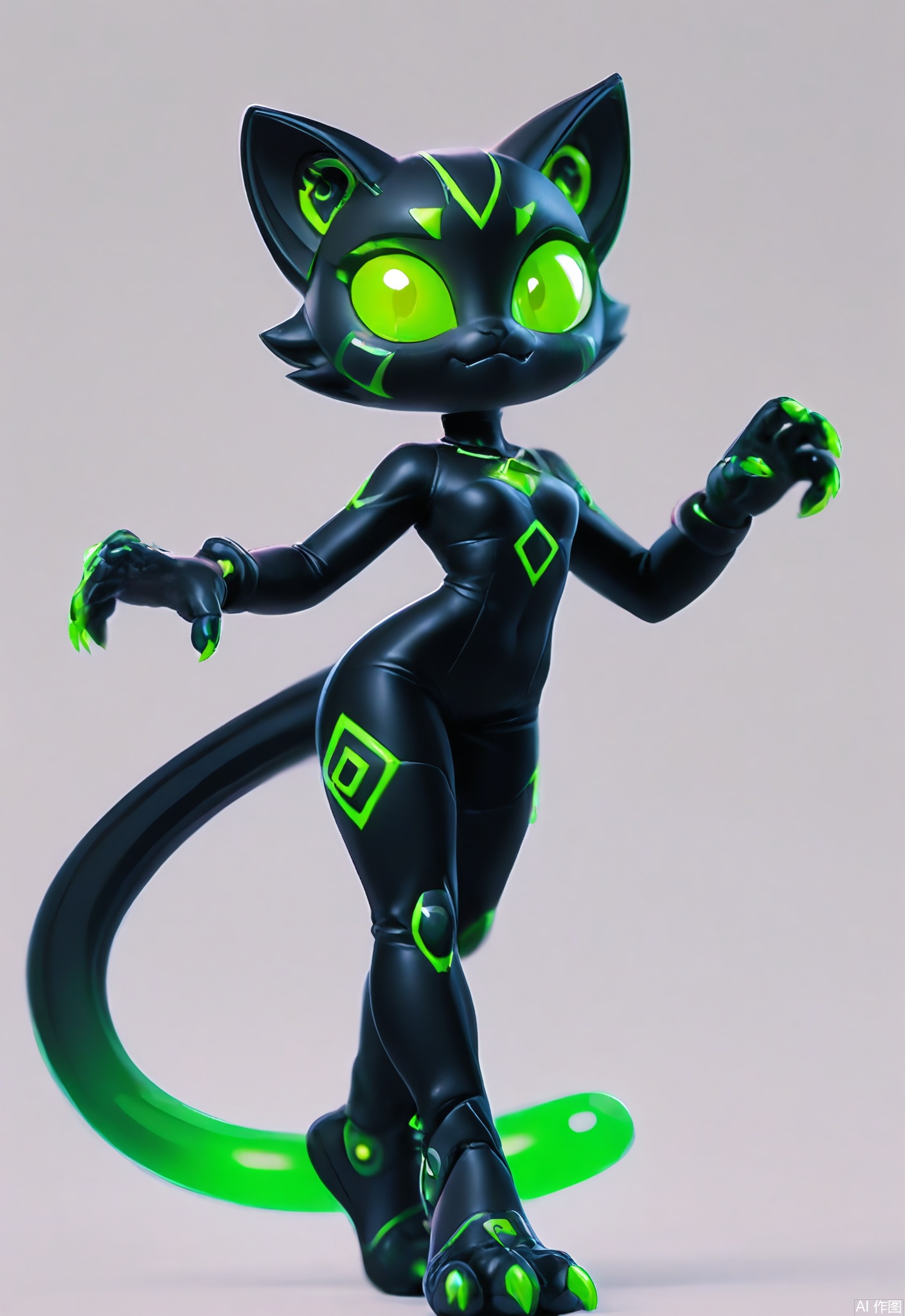 3DJS, 3D character design of a cybernetic cat with neon-green circuit patterns, retractable claws, and a holographic tail. Dressed in a sleek black bodysuit with glowing accents, mid-leap pose with tail arched, clean white void background.
