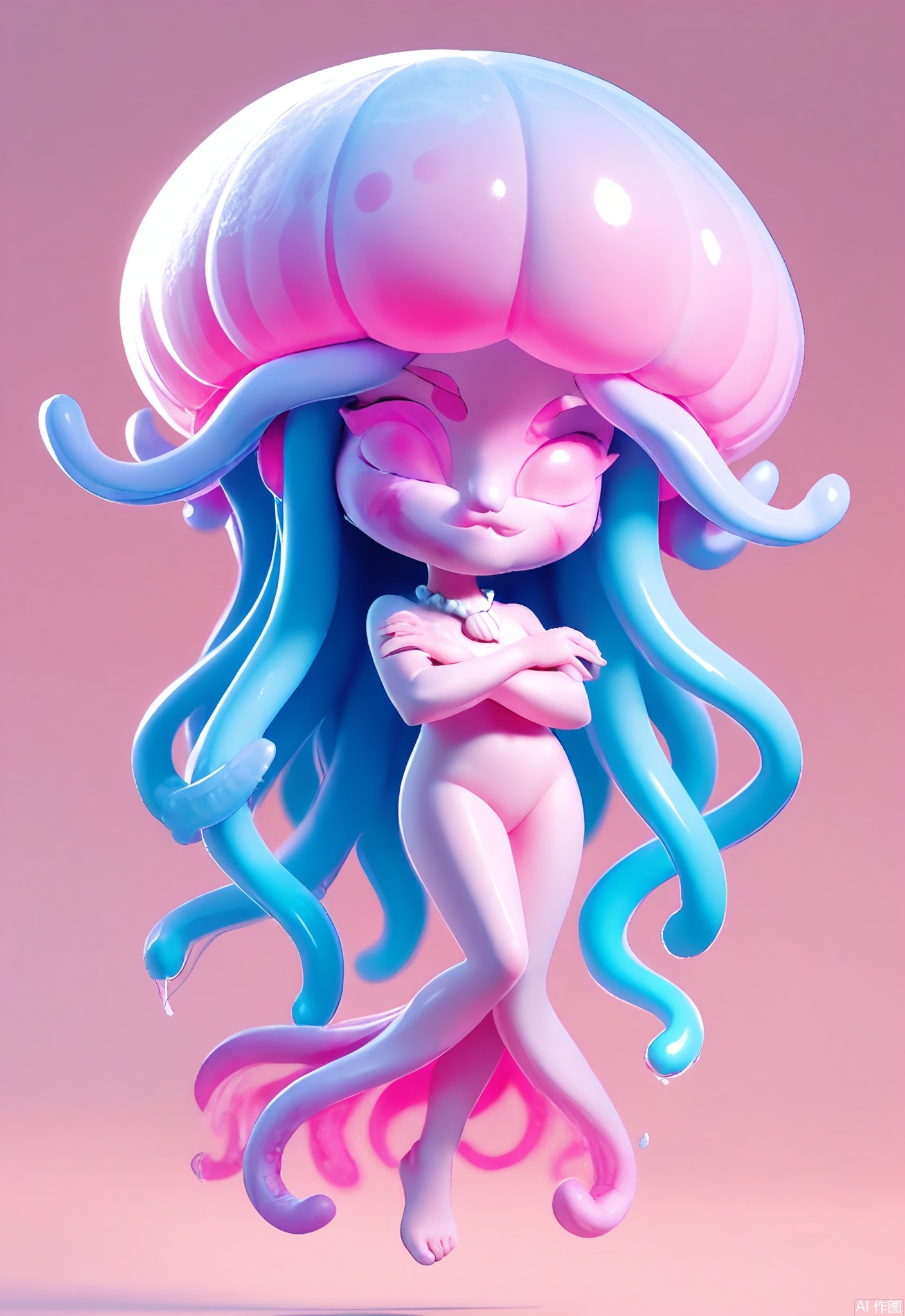 3DJS, 3D character design of a glowing jellyfish hybrid with translucent tentacles, bioluminescent pink patterns, and a humanoid face. Wearing a seashell necklace and floating mid-air, arms crossed defiantly, pure white backdrop.

