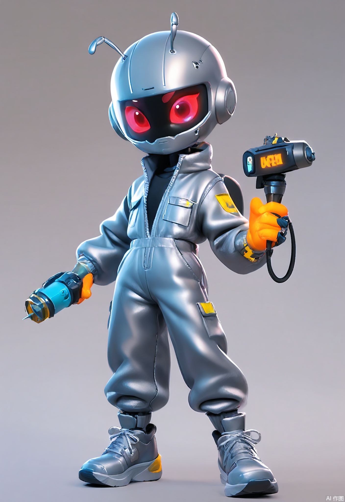 3DJS, 3D character design of a timid alien with three eyes, antennae, and a translucent dome helmet. Wearing a silver jumpsuit with glowing patches, holding a probe device, simple white setting.
