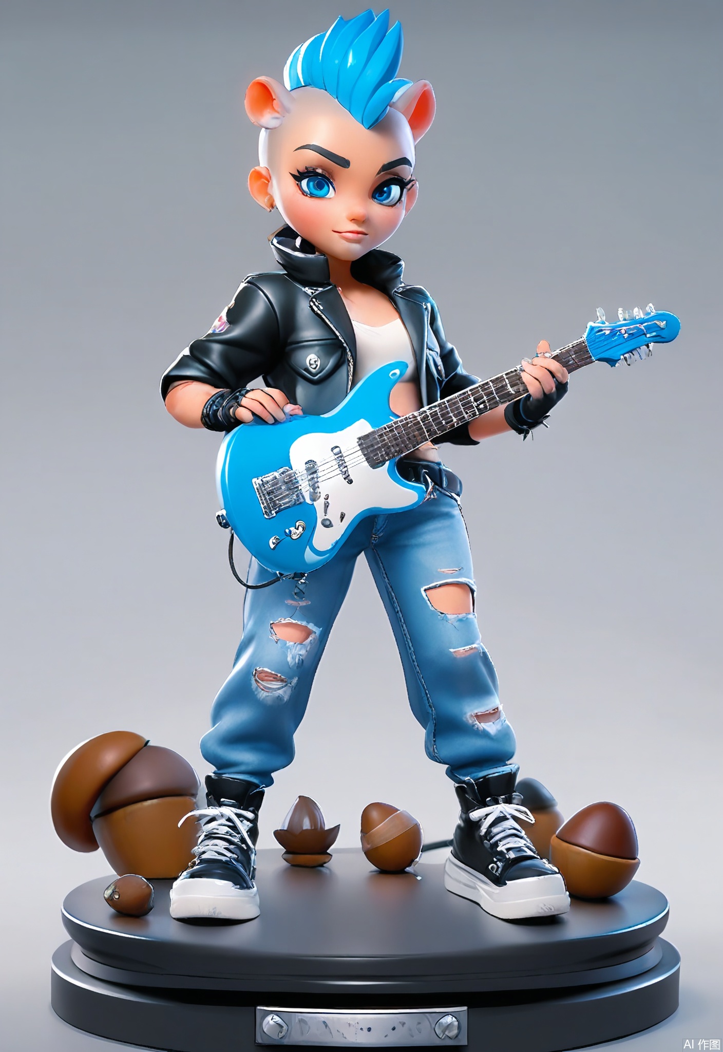 3DJS, 3D character design of a punk-inspired squirrel with electric-blue mohawk, leather jacket adorned with acorn patches, and ripped jeans. Wearing fingerless gloves and striking a rockstar pose with a tiny electric guitar, isolated on white.
