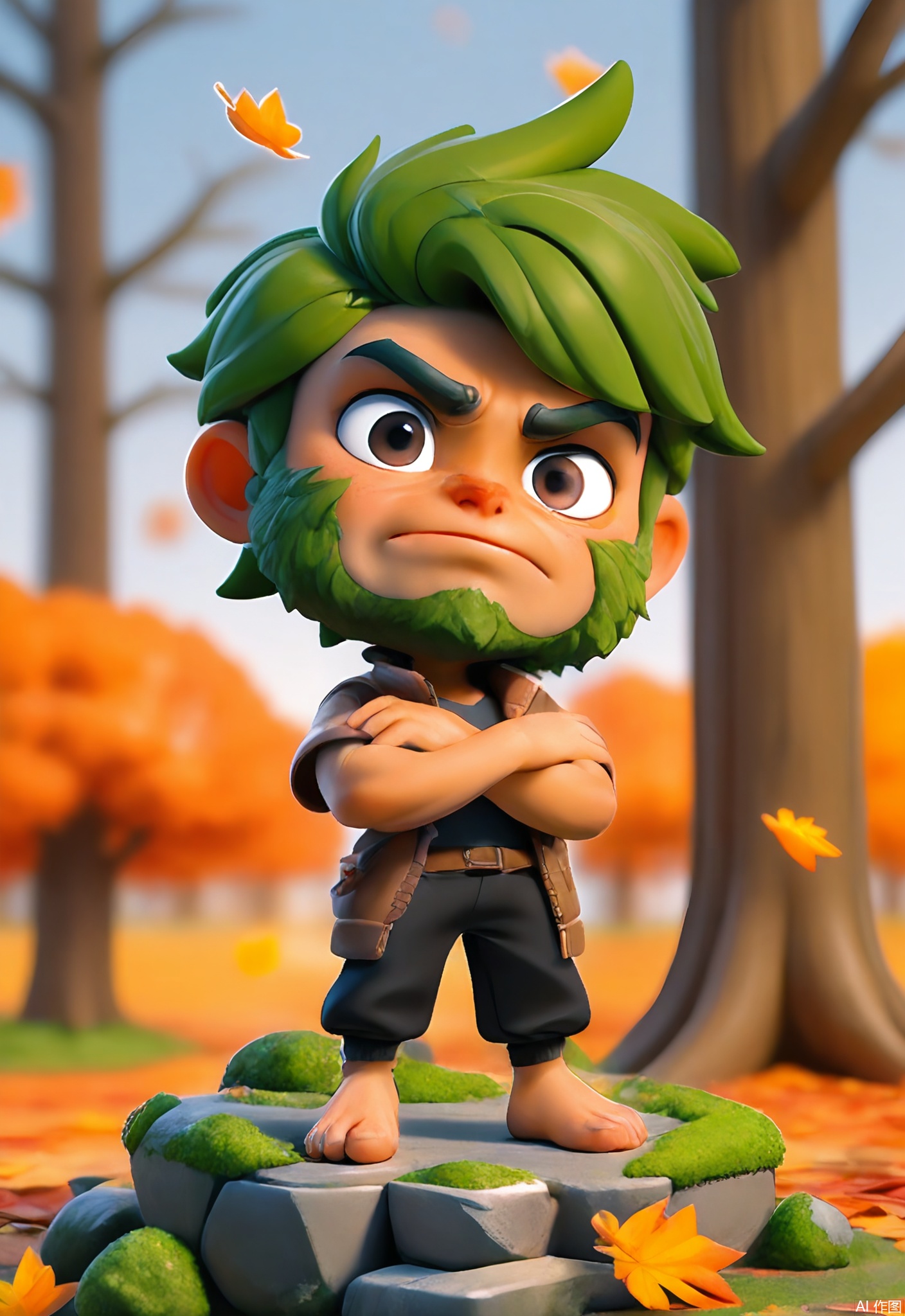 3DJS, 3D character design of a grumpy old tree with a knotty face, moss beard, and root-like feet. Crossing arms with a frown, surrounded by floating autumn leaves, stark white void.
