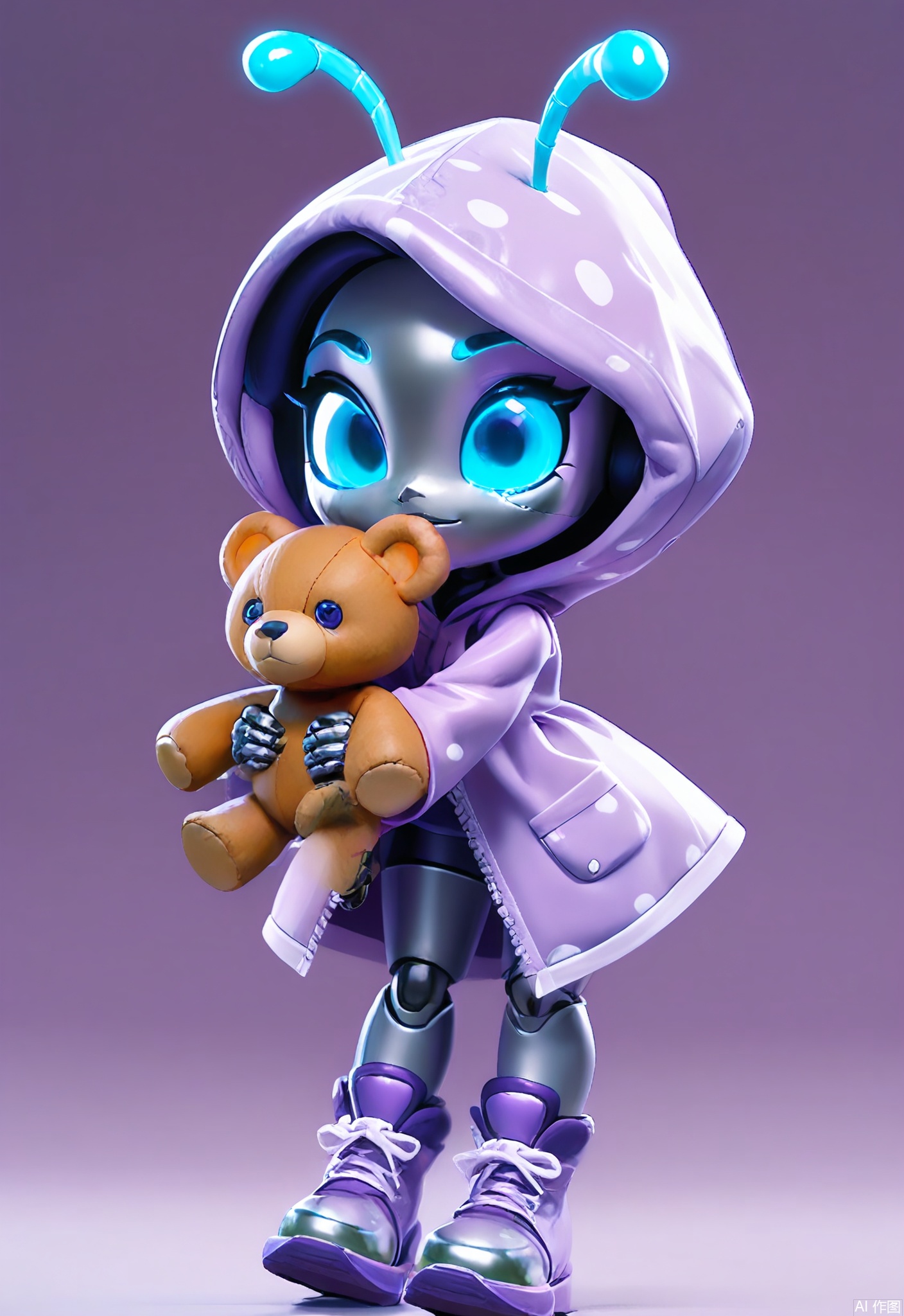 3DJS, 3D character design of a timid robot with glossy silver body, glowing cyan eyes, and retractable antennae. Dressed in a purple raincoat with polka-dot lining, clutching a teddy bear with patchwork fur. Leaning slightly forward with rounded shoulders, set against a plain white environment.
