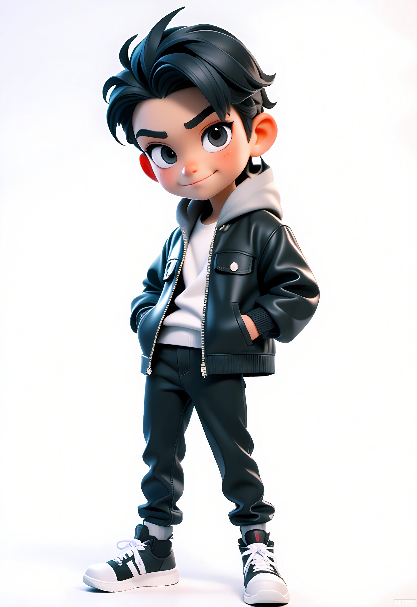 3DJS,
A 3D CGI rendering of a teenage boy with messy, jet-black hair and a confident smirk, wearing a black leather jacket over a gray hoodie, black jeans, and black high-top sneakers. He leans against a virtual wall with one arm slung casually over it, his other hand in his pocket, making eye contact with the viewer. The background is a stark white. The style is playful and cartoonish, with bold textures and a high-contrast color palette.
