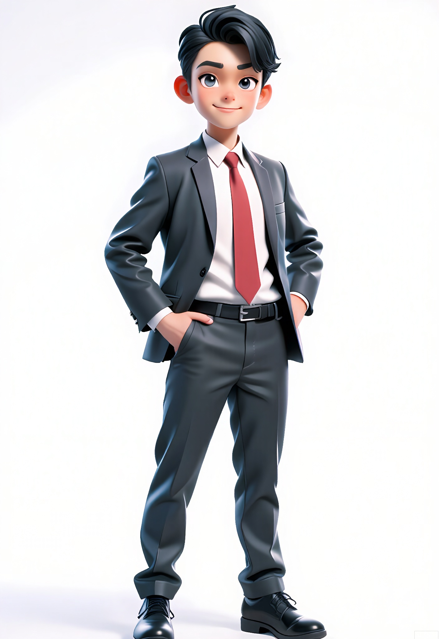 3DJS,
A 3D CGI rendering of a young businessman with short, neat dark hair, wearing a gray suit, white shirt, red tie, and black leather shoes. He stands with his hands on his hips, looking at the viewer with a confident smile. The background is white. The style is professional and cartoonish, but more shadows to add depth would be better.
