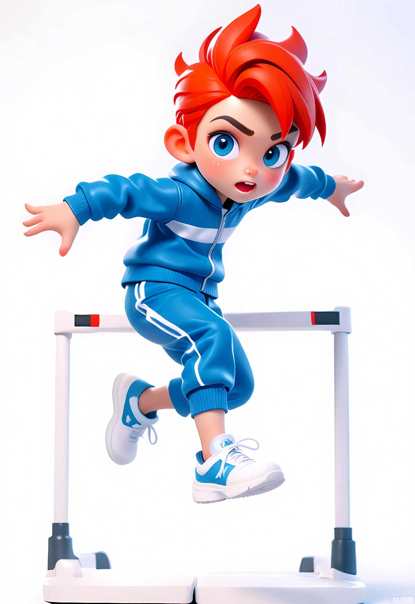3DJS,
A 3D CGI of a young athlete with short, spiky red hair, wearing a blue track suit with white stripes on the sides, white running shoes. He jumps over an imaginary hurdle, looking at the viewer with a determined look. The background is white. The style is sporty and cartoonish, but more emphasis on the motion blur could add realism.
