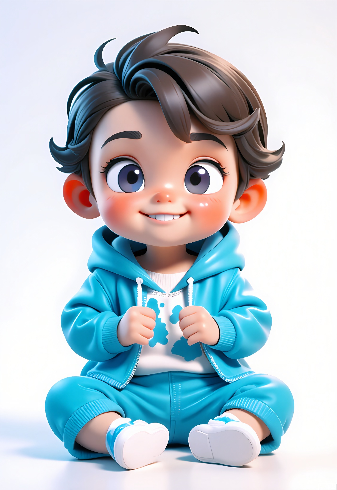 3DJS,
A 3D CGI rendering of a toddler boy with chubby cheeks and a mop of brown curls, wearing a blue dinosaur-themed onesie with white feet. He sits cross-legged on an invisible surface, his big, curious eyes looking up at the viewer with a hint of a grin. The background is a clean white. The style is cute and cartoonish, with soft, rounded features and bright, primary colors.
