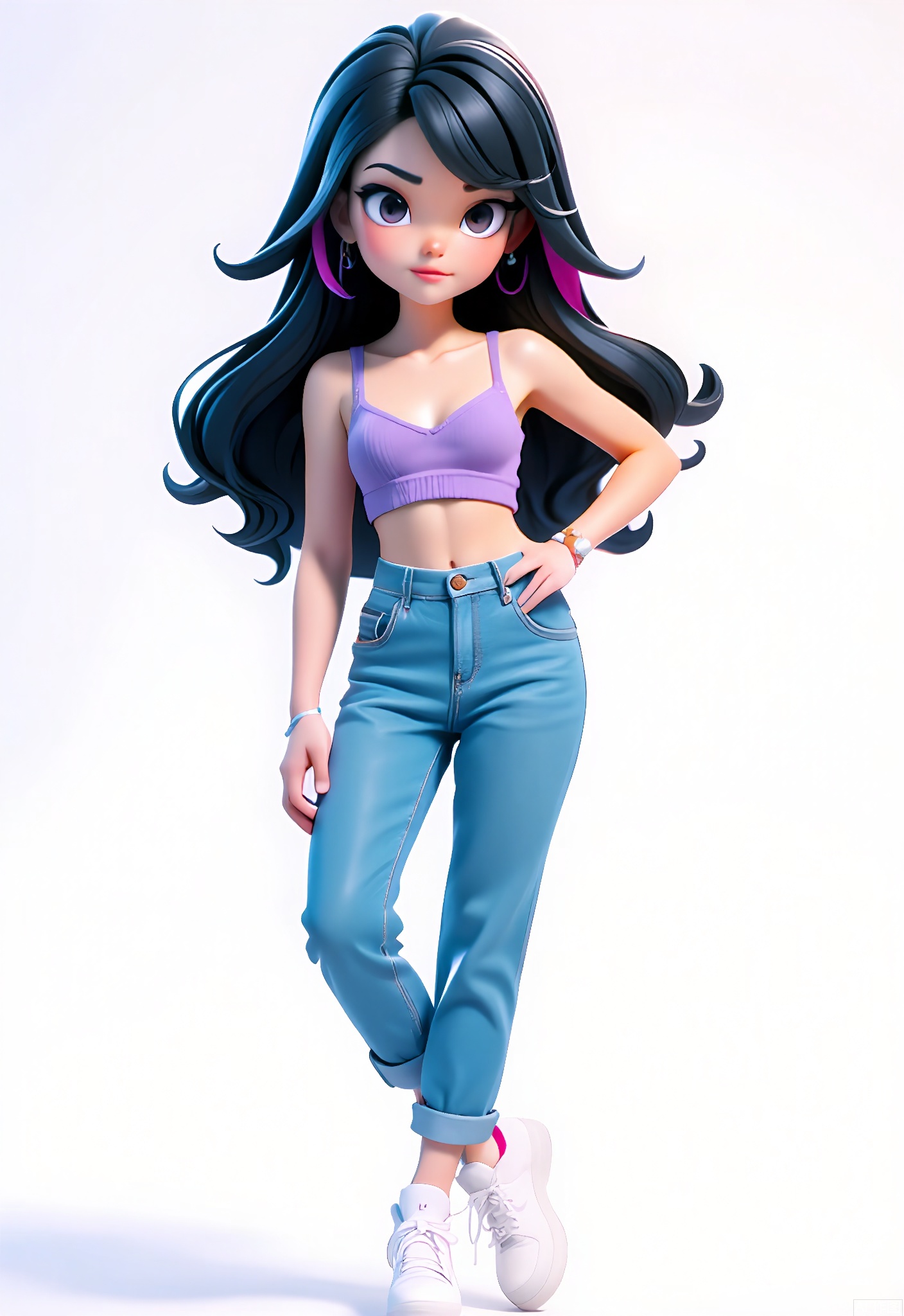 3DJS,
A 3D CGI depiction of a teenage girl with pink highlights in her long, straight black hair, wearing a purple crop top, high-waisted jeans, and white sneakers. She leans against an imaginary wall, one hand on her hip, looking at the viewer with a sly wink, but the overall service in terms of quickly adapting to unexpected viewer reactions or sudden environmental changes in the rendering could be improved. The background is a simple white. The style is cartoonish, but more nuanced responses to viewer engagement could enhance the realism within the cartoonish context.
