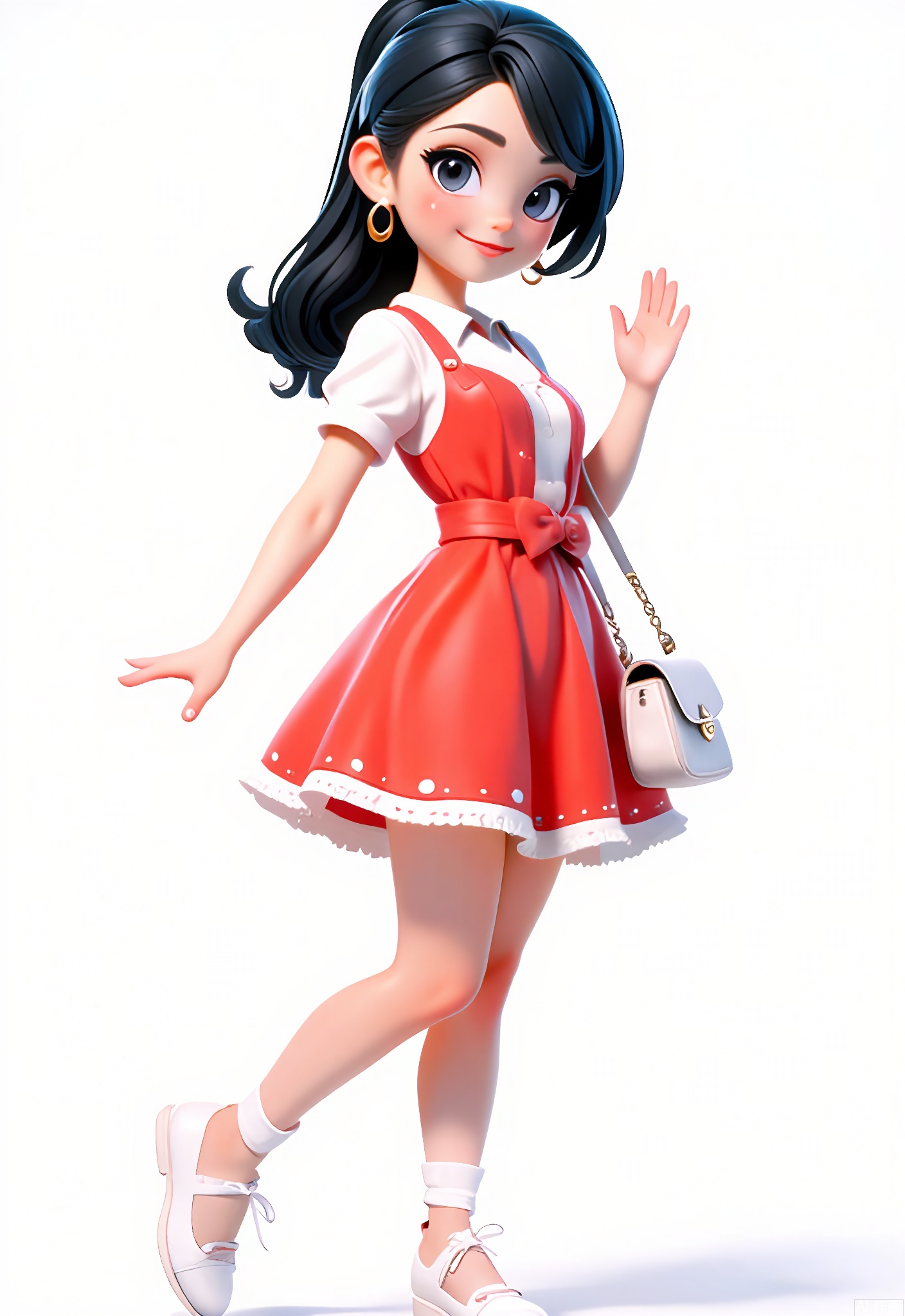 3DJS,
A 3D CGI of a young woman with long, straight black hair in a ponytail, wearing a red and white polka-dot dress, white ballet flats, and a small white handbag. She walks forward with one hand waving at the viewer, a confident smile on her face. The background is white. The style is cute and cartoonish, but more attention to the details of the clothing textures could improve the image.
