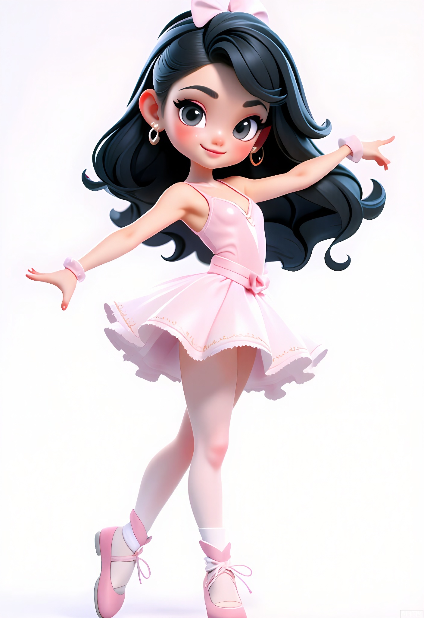 3DJS,
A 3D CGI image of a young dancer with long, flowing black hair, wearing a pink leotard, white tutu, and pink ballet shoes. She strikes a ballet pose, looking at the viewer with a graceful expression. The background is white. The style is elegant and cartoonish, but more texture on the tutu would enhance the visuals.
