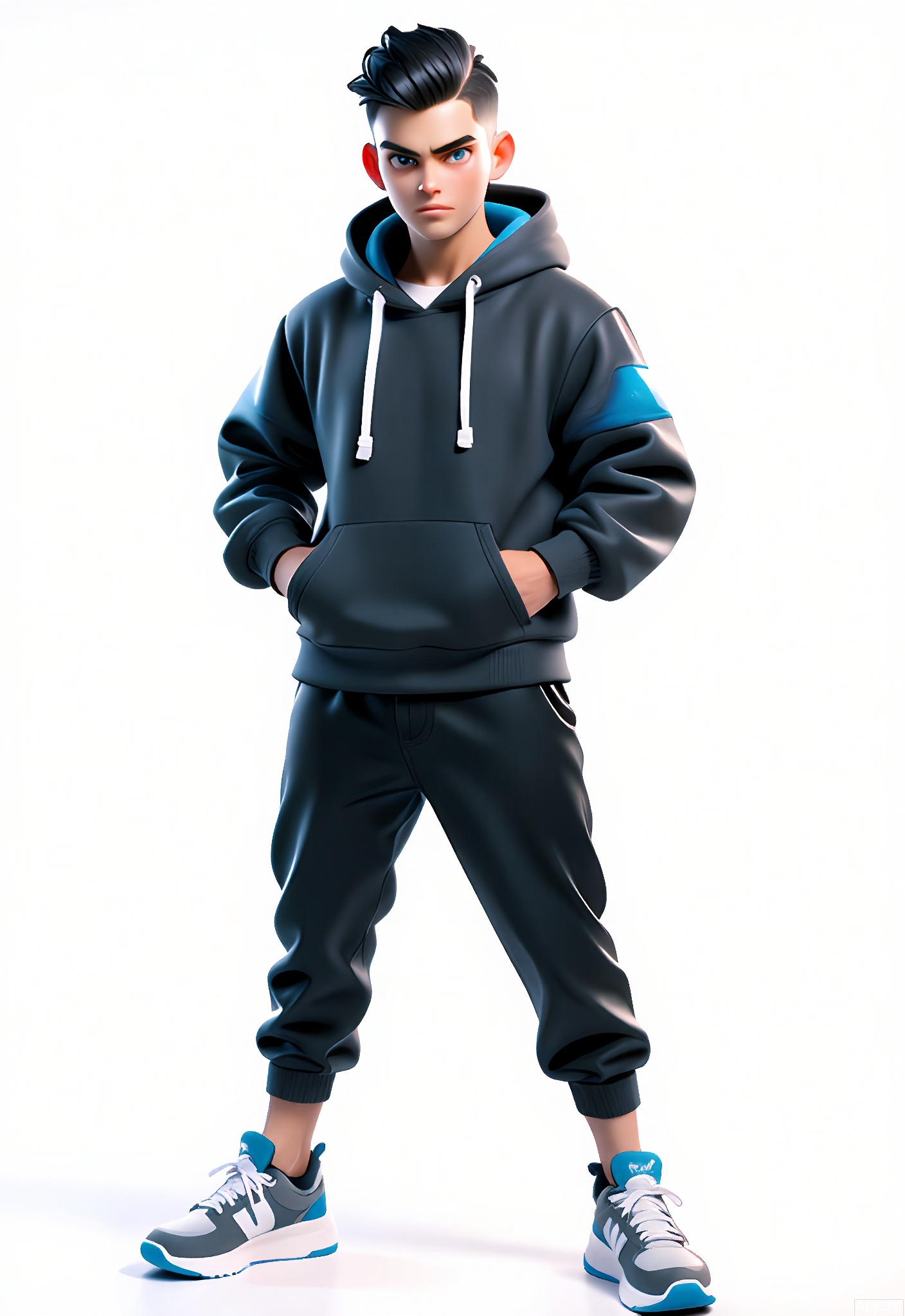 3DJS,
A 3D CGI depiction of a young man with a buzz cut and a determined look on his face, wearing a dark gray hoodie with a blue stripe down the sleeves, black joggers, and gray sneakers. He stands with his feet shoulder-width apart, his fists clenched at his sides, staring directly at the viewer. The background is a plain white. The style is dynamic and cartoonish, with sharp edges and vibrant, energetic colors.
