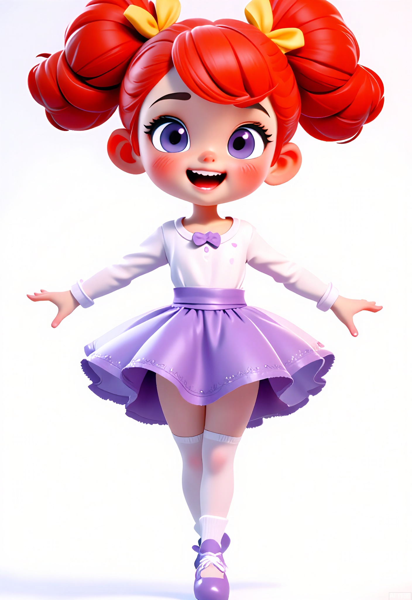 3DJS,
A 3D CGI image of a little girl with curly red hair tied up in pigtails with yellow ribbons, wearing a purple tutu, a white long-sleeved shirt with a polka-dot pattern, white tights, and purple ballet flats. She stands on her tiptoes, her arms outstretched as if about to spin, a big, excited grin on her face. The background is a plain white. The style is cartoonish and lively, with soft, rounded textures and bright, cheerful colors.
