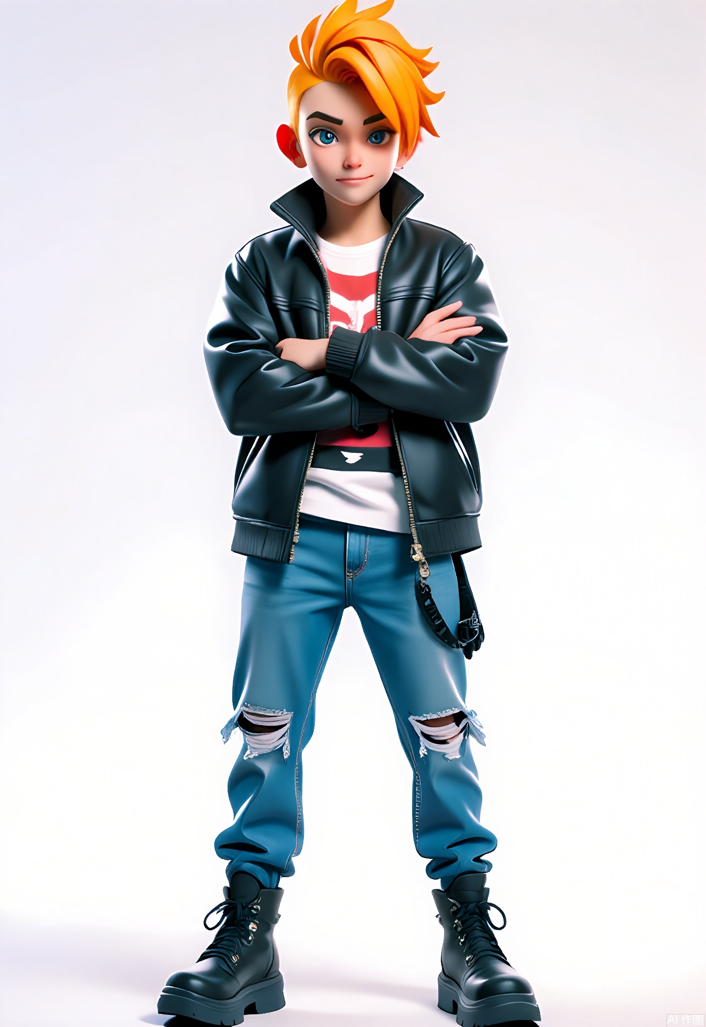 3DJS,
A 3D CGI rendering of a tall, lanky teenager with bright orange hair in a mohawk style, wearing a black leather jacket, a graphic T-shirt with a band logo, ripped blue jeans, and black combat boots. He stands with his arms crossed, a smirk on his face, looking at the viewer. The background is a white void. The style is edgy and cartoonish, but the rendering could be more dynamic in terms of lighting and shadows to enhance the cartoonish effect.
