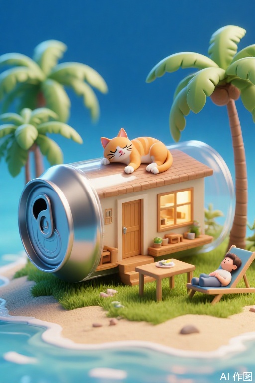 pic. A whimsical CGI illustration features a small, cozy house made from a soda can, perched on a tropical island with palm trees. Inside, a cat lounges on the roof. The house has a wooden door, windows, and a lamp. A man in a chair reads a book on the grassy shore.
