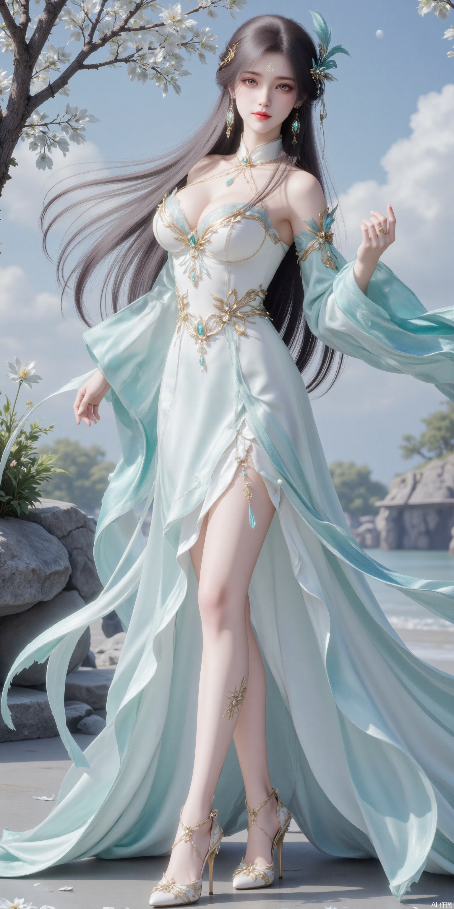 Ultra clear, wallpaper, 8k, Golden eyes,masterpiece, masterpiece,best quality,high quality,,chromatic_aberration,Hair accessories,tree,blue sky ,river,Super long legs,stone,white silk,green shirt ,fullmoon ,High heeled sandals,earring,blue hair,Light Blue Theme,long legs ,thin legs (masterpiece,wallpaper,best quality:2),1girl,full body,hanfu,full_shot,wallpaper,full body,beautiful legs,seductive_smile,socks_removed, looking_at_viewer,dumpling_Hug_Pillow,cleavage,huge Breasts,embossed high heels,plns_high heels,huaxiangr,silk,magnificent